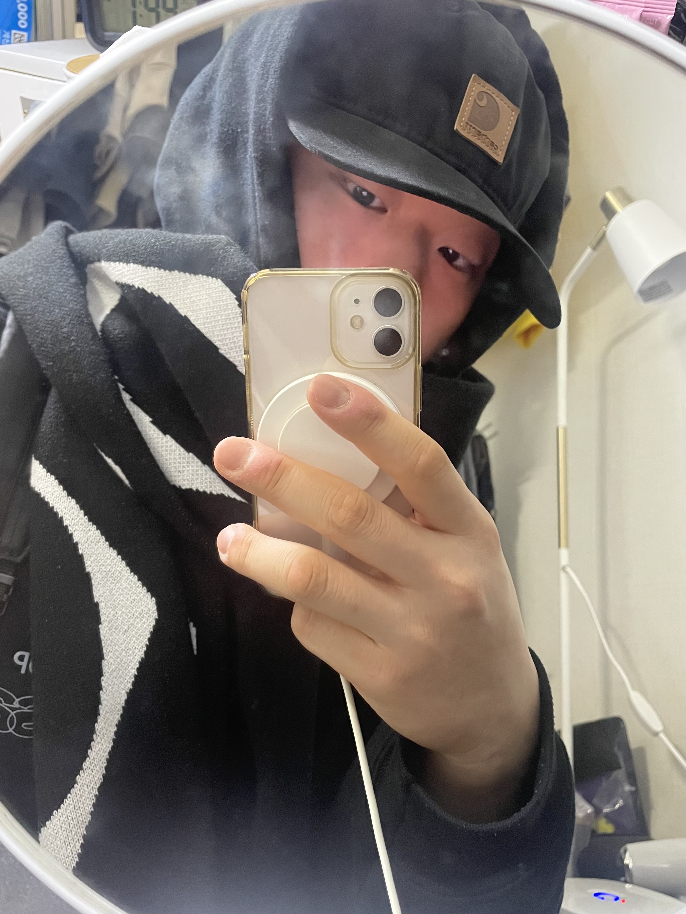 Carhartt Canvas Cap Black, Mischief Rhombus Stadium Scarf Black 착용 스타일 - 2
