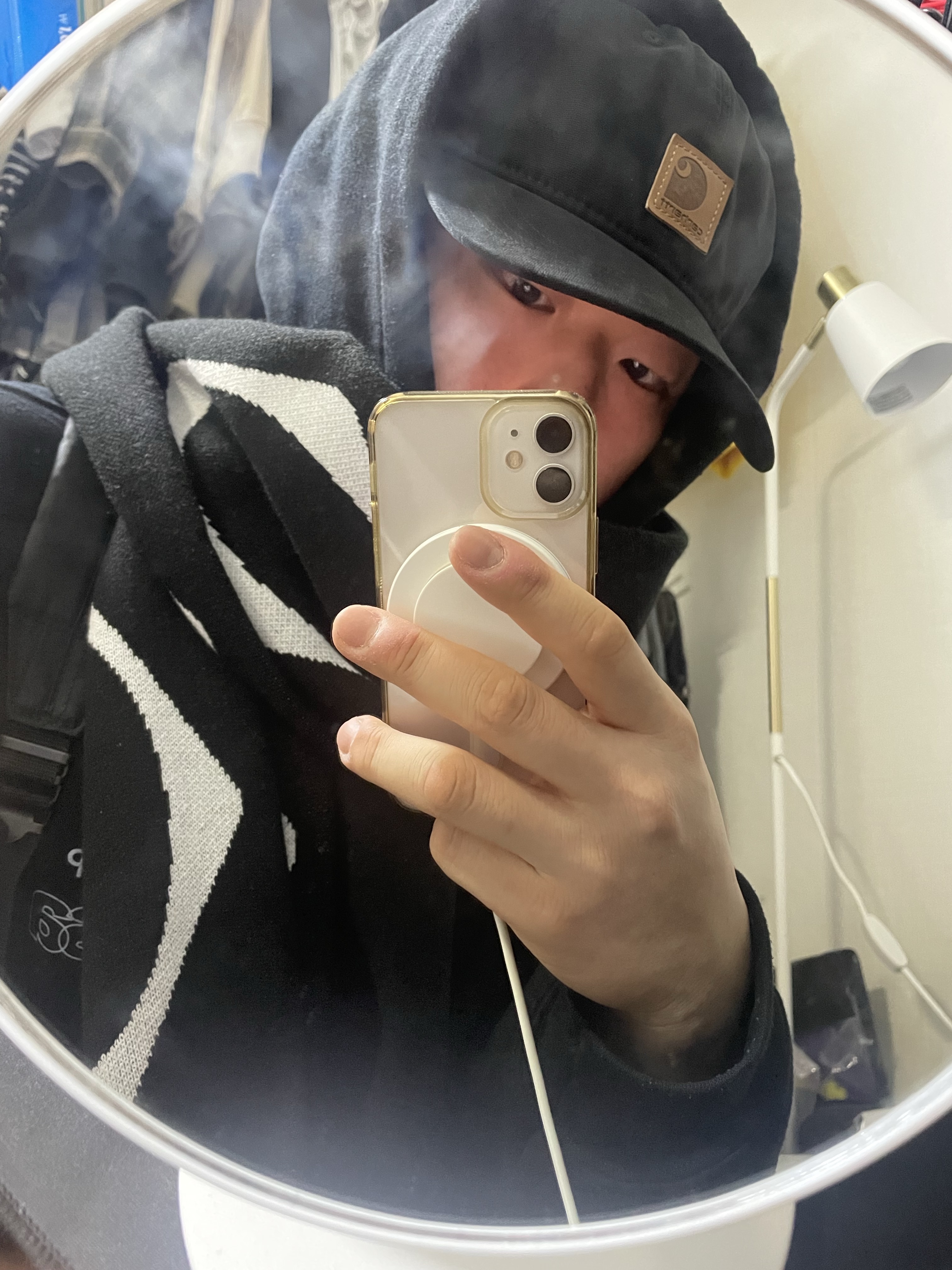 Carhartt Canvas Cap Black, Mischief Rhombus Stadium Scarf Black 착용 스타일 - 1