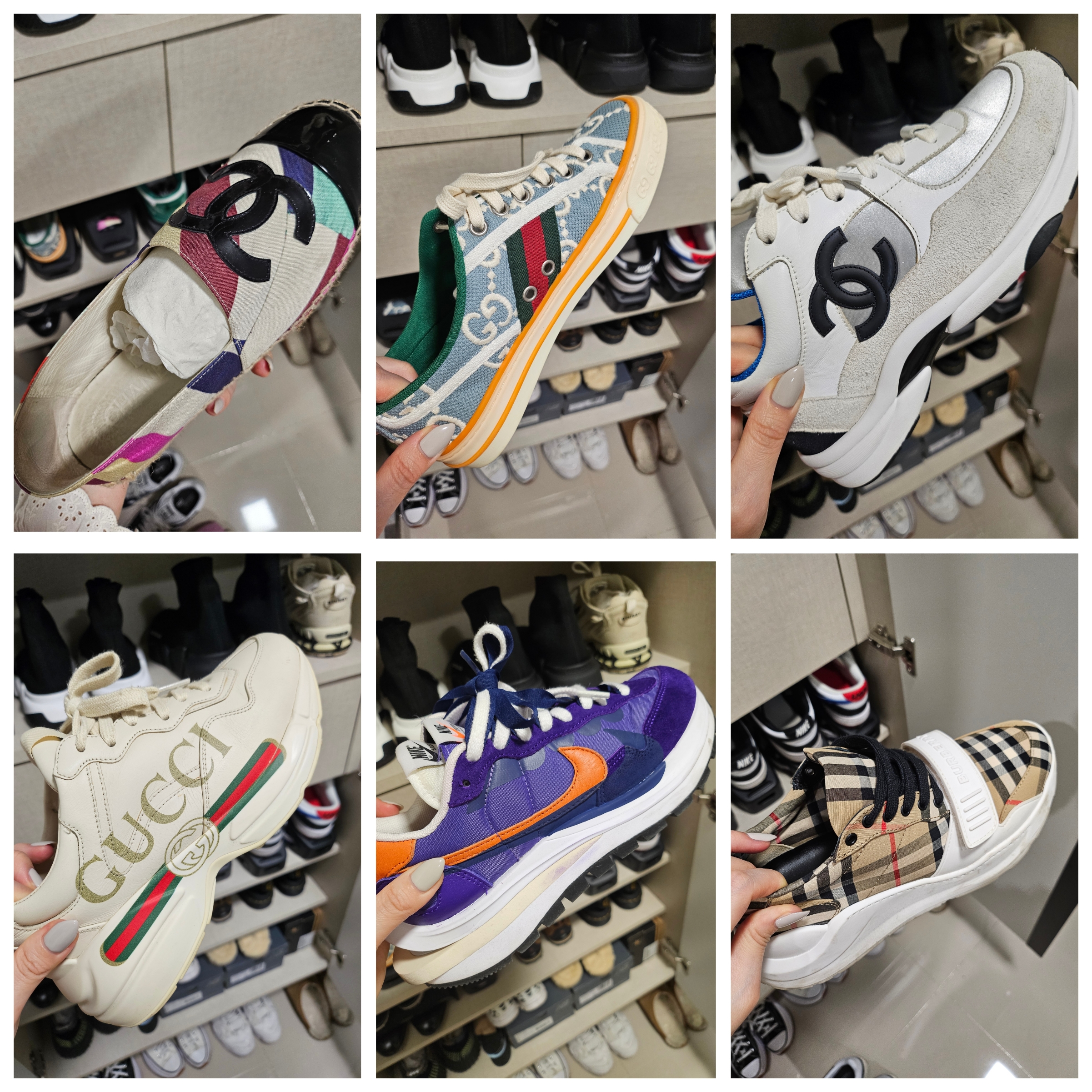 (W) Gucci Rhyton Leather Sneakers Logo, Nike x Sacai VaporWaffle Dark Iris 착용 스타일