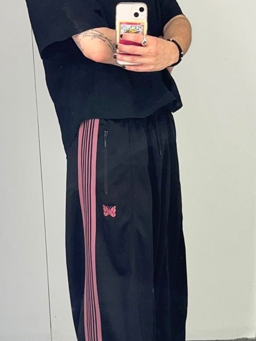 Needles Straight Track Pants Poly Smooth Black 착용 스타일