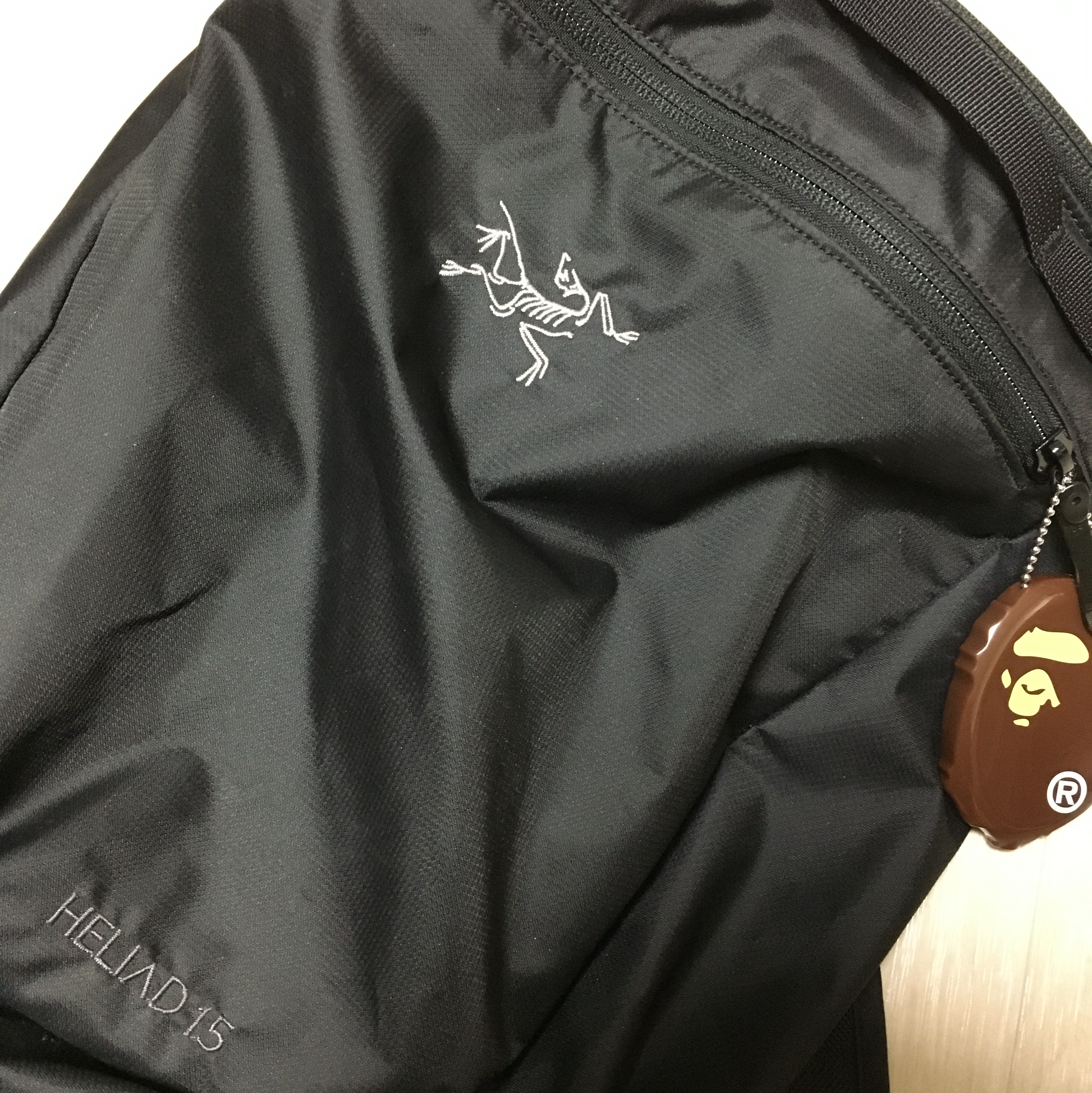 Arc'teryx Heliad 15 Backpack Black, BAPE Ape Head Coin Case M Brown 착용 스타일