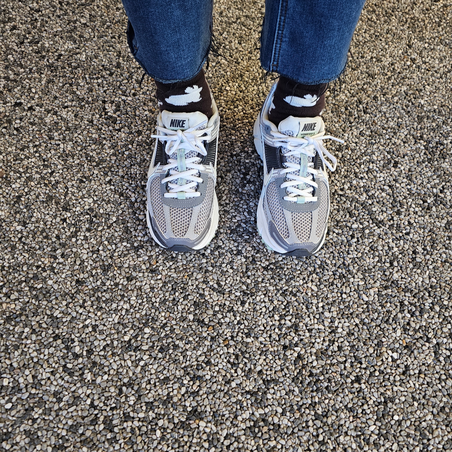 (W) Nike Zoom Vomero 5 Cobblestone and Flat Pewter 착용 스타일