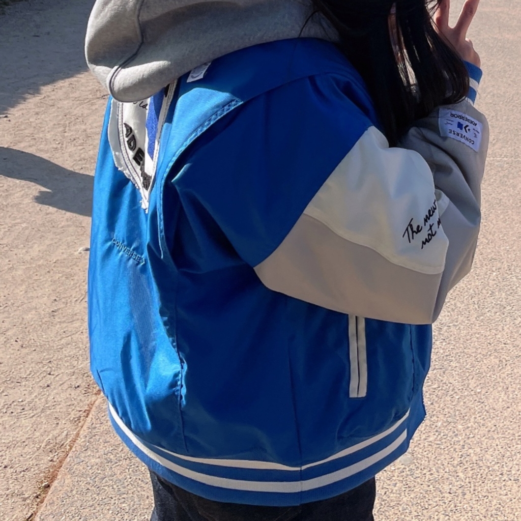 Converse x Ader Error Shapes Varsity Jacket Cobalt 착용 스타일