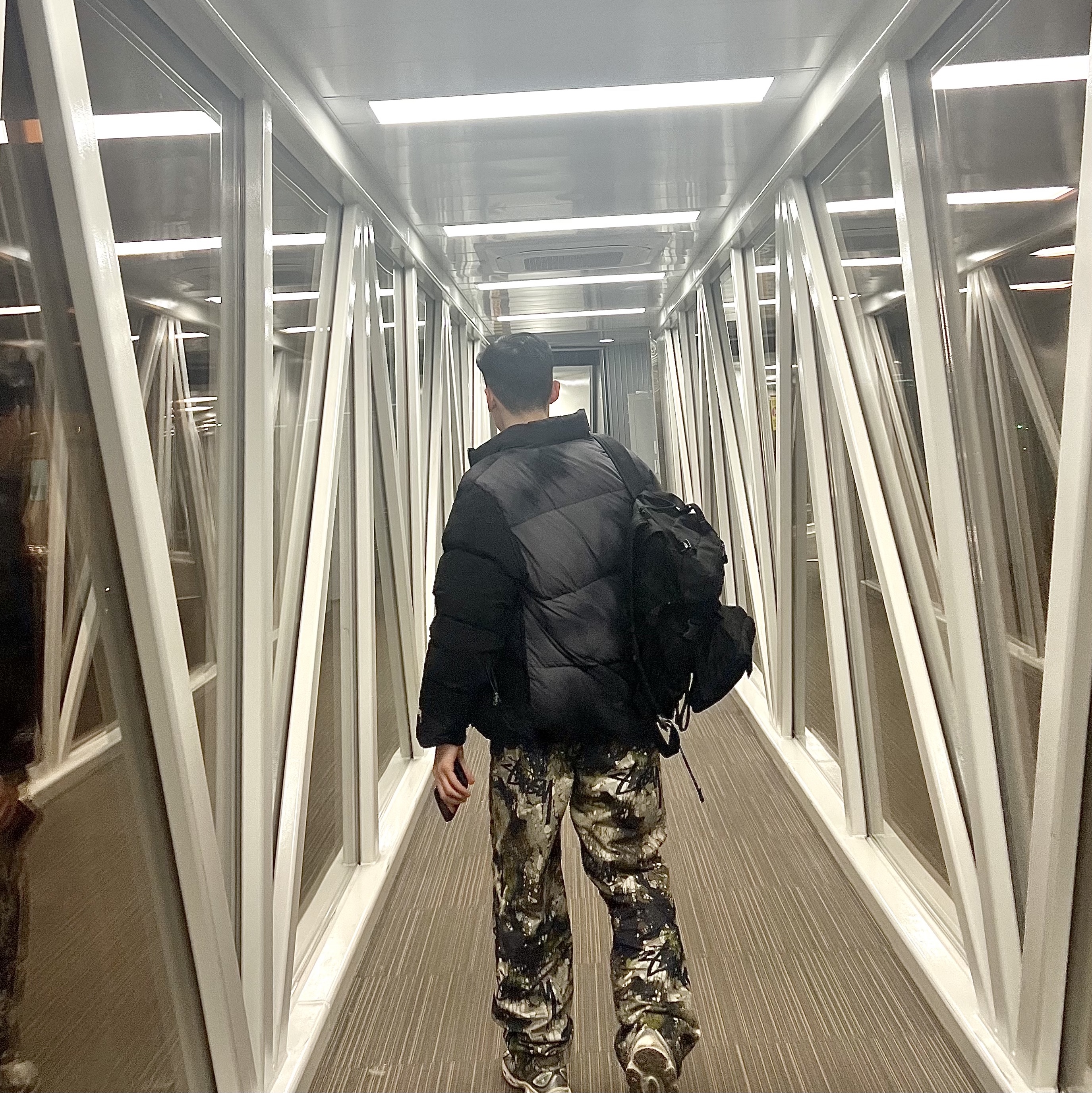 Stussy Veil Camo Beach Pants Terranea, Stussy Recycled Nylon Down Puffer Vintage Black 착용 스타일