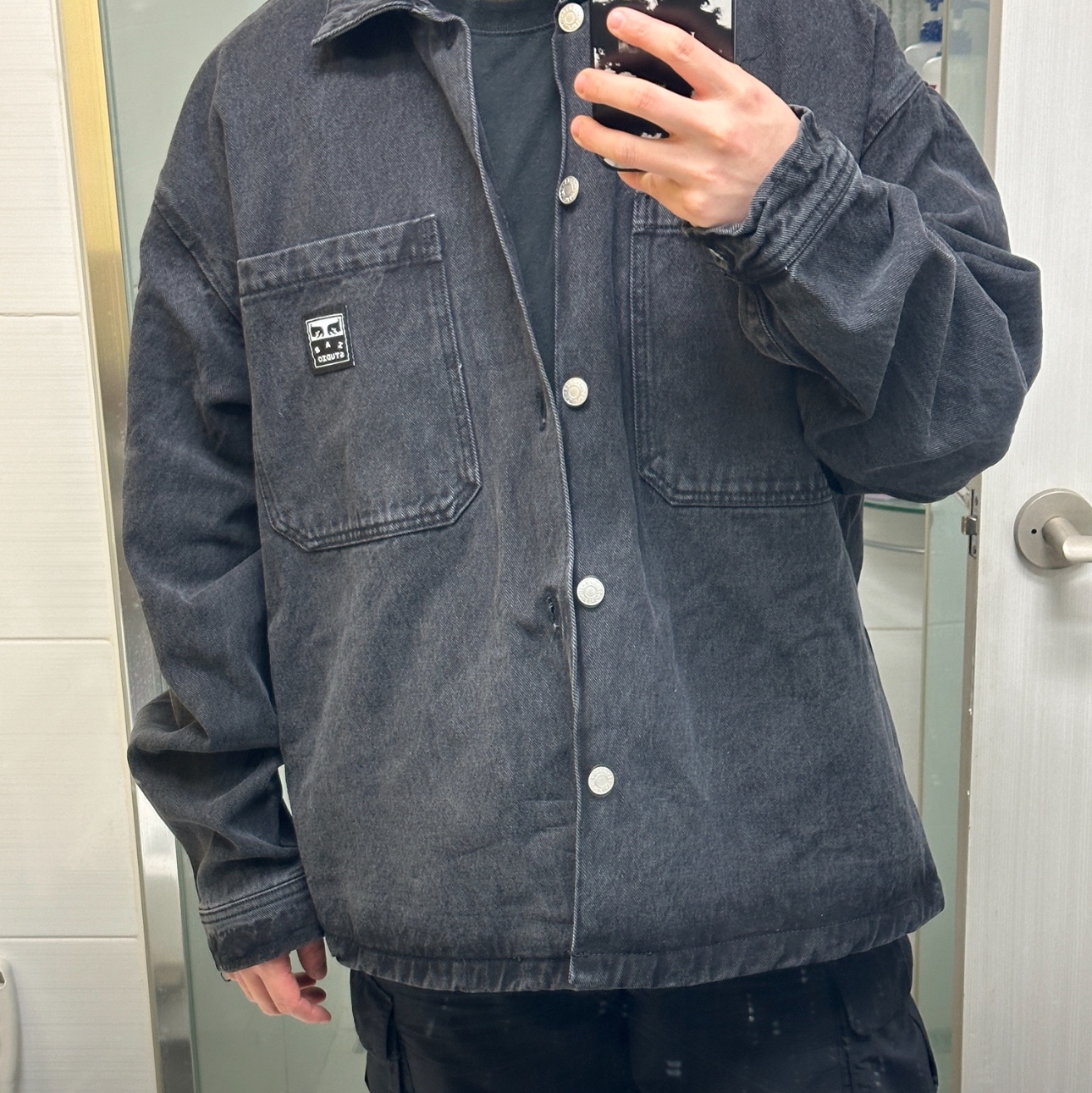 IAB Studio x Obey Painters Shirt Jacket Dusty Black 착용 스타일 - 1