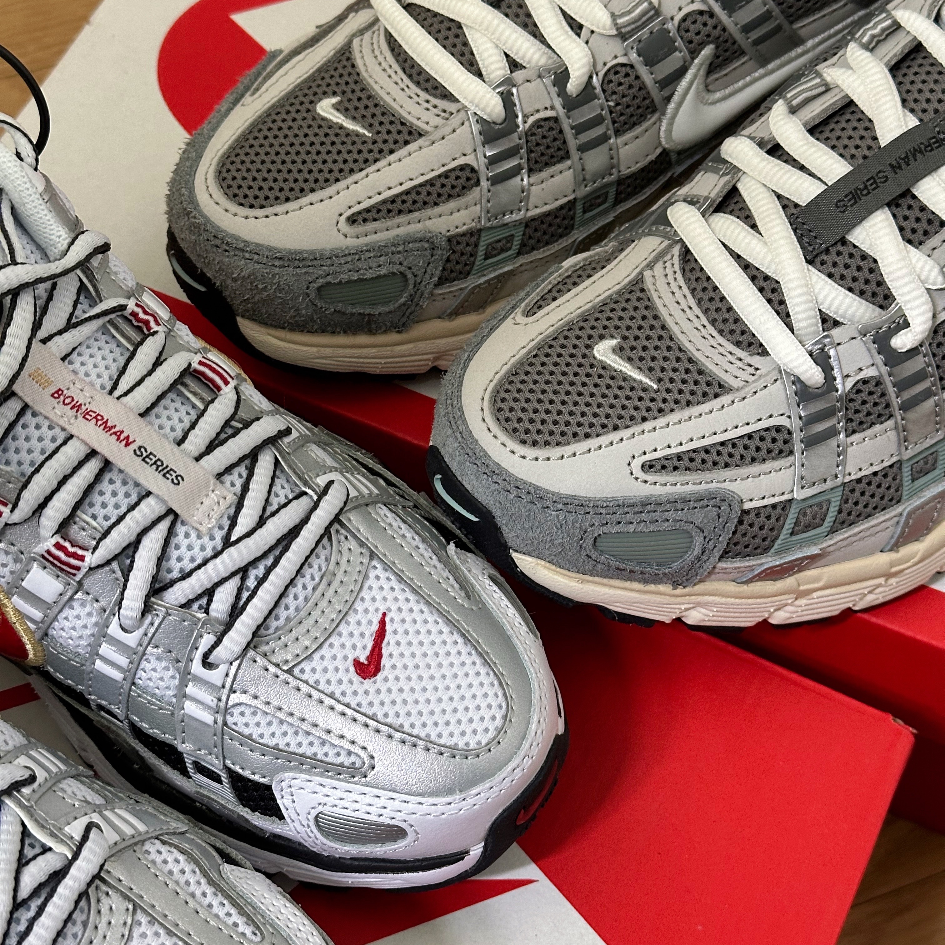 (W) Nike P-6000 Metallic Silver Red, Nike P-6000 Flat Pewter Light Iron Ore 착용 스타일