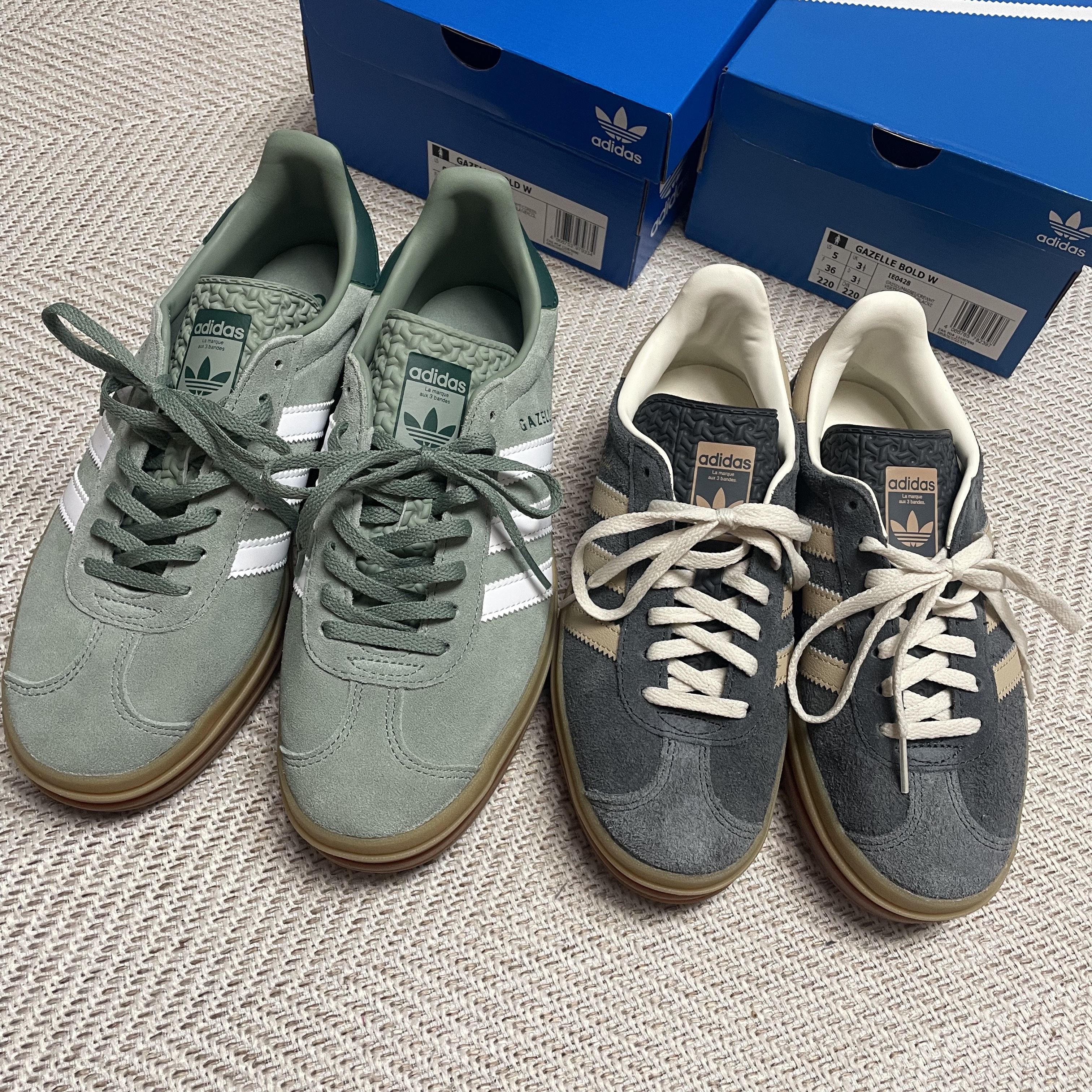 (W) Adidas Gazelle Bold Silver Green Cloud White, (W) Adidas Gazelle Bold Wonder Quartz Core Black 착용 스타일 - 1