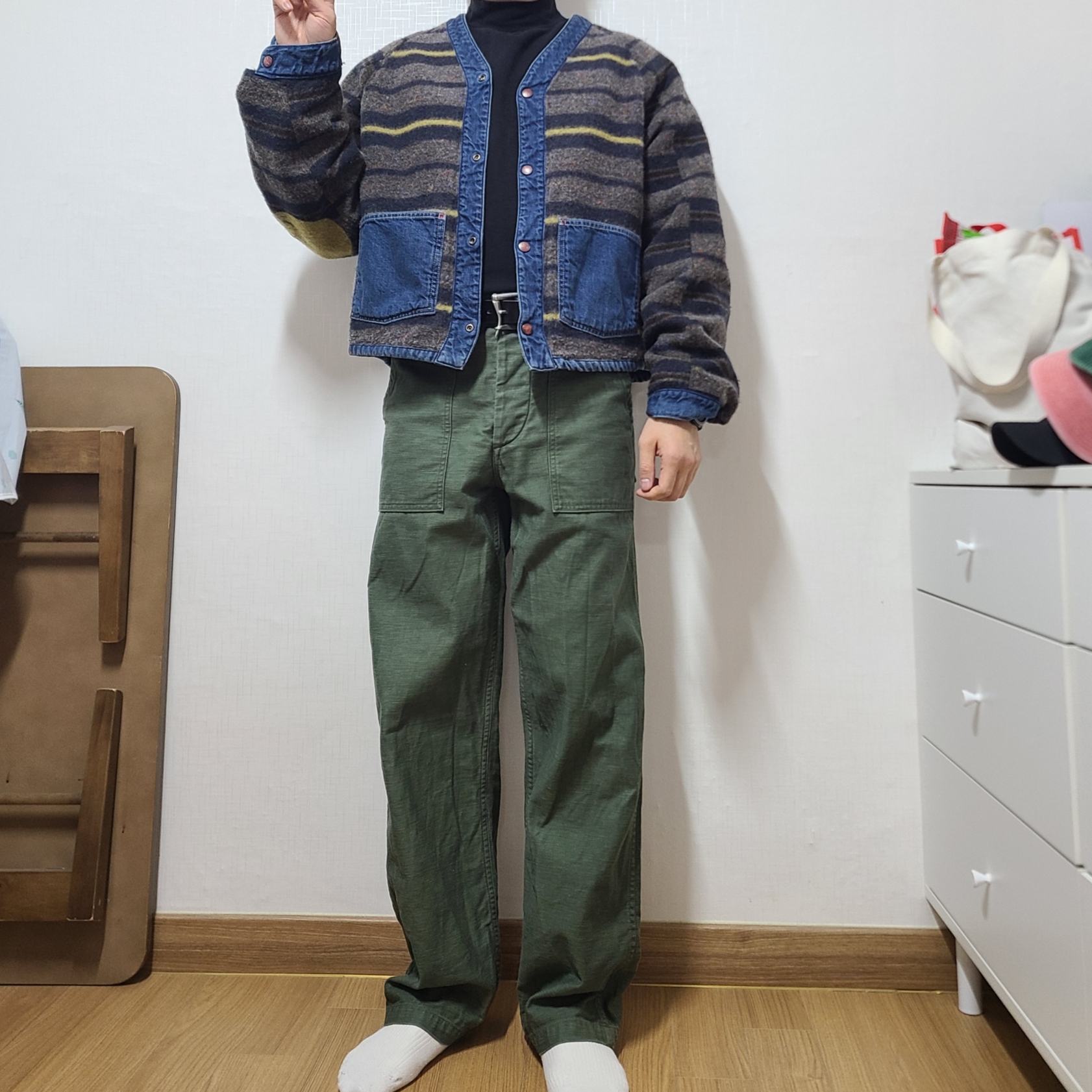 Kapital 11.5 oz. Denim Coneybowy Lining Railroad Jacket Indigo (Processing), Orslow 5002 US Army Fatigue Pants Green 착용 스타일 - 1