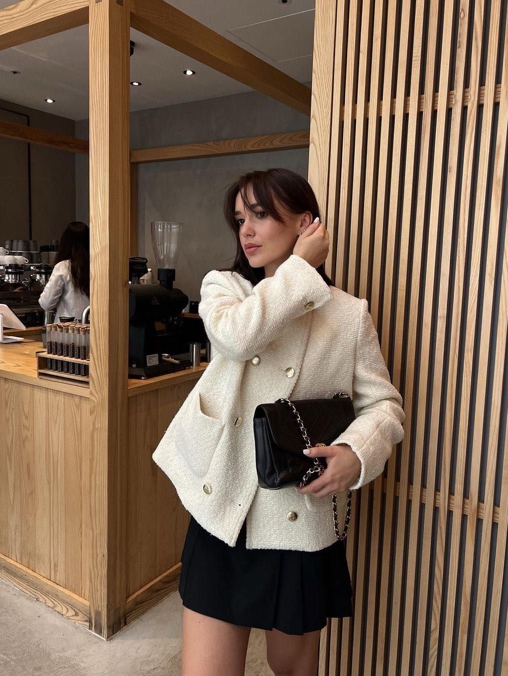 Green Butter Women Silver Multi Button Tweed Crop Jacket Black, (W) Miu Miu Single Breasted Tweed Jacket Navy 착용 스타일 - 5