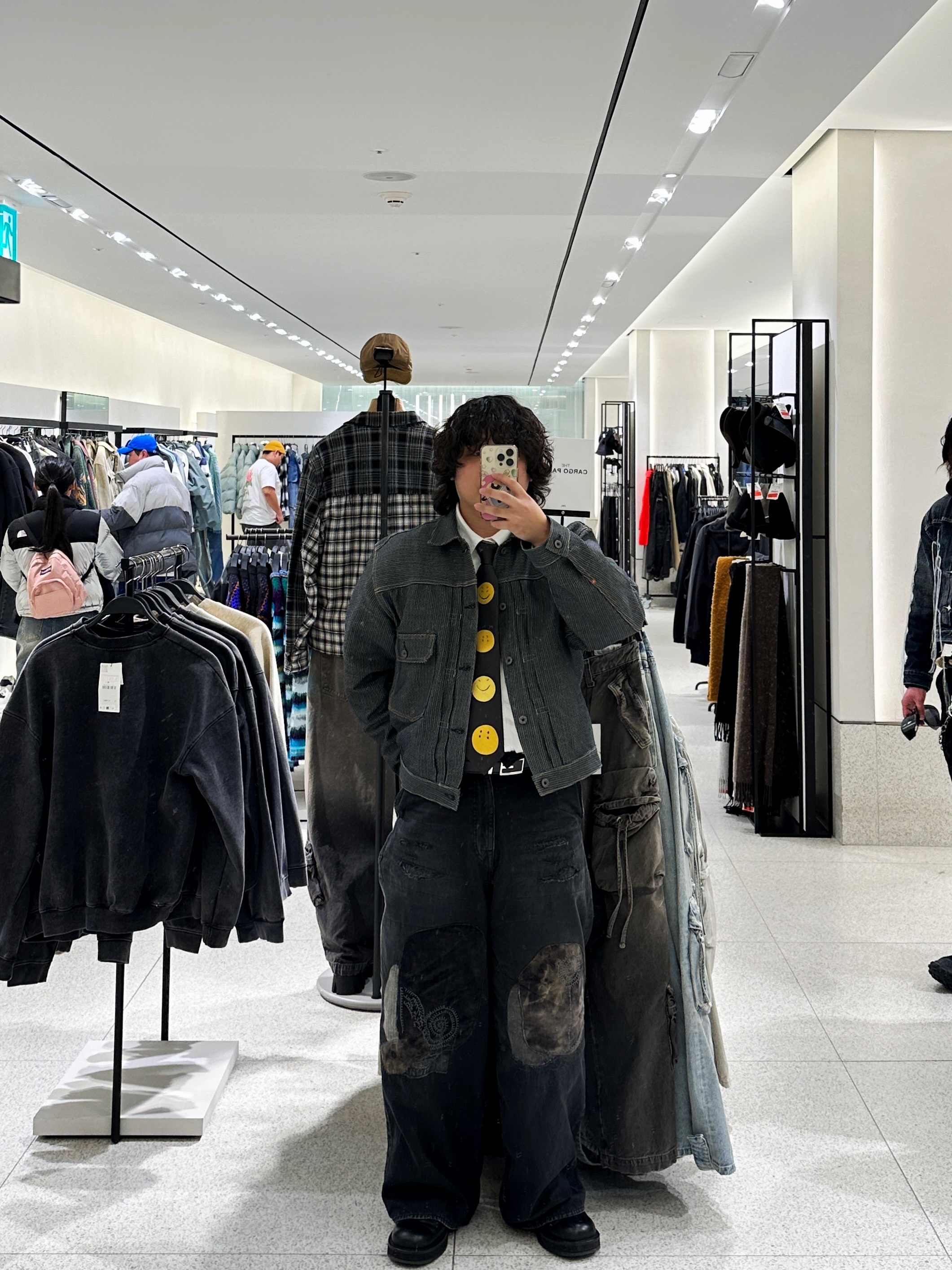 Kapital Century Denim 1st Jacket N7S Charcoal Indigo, Kapital Katsuragi Port Baggy Pants Black 착용 스타일 - 1