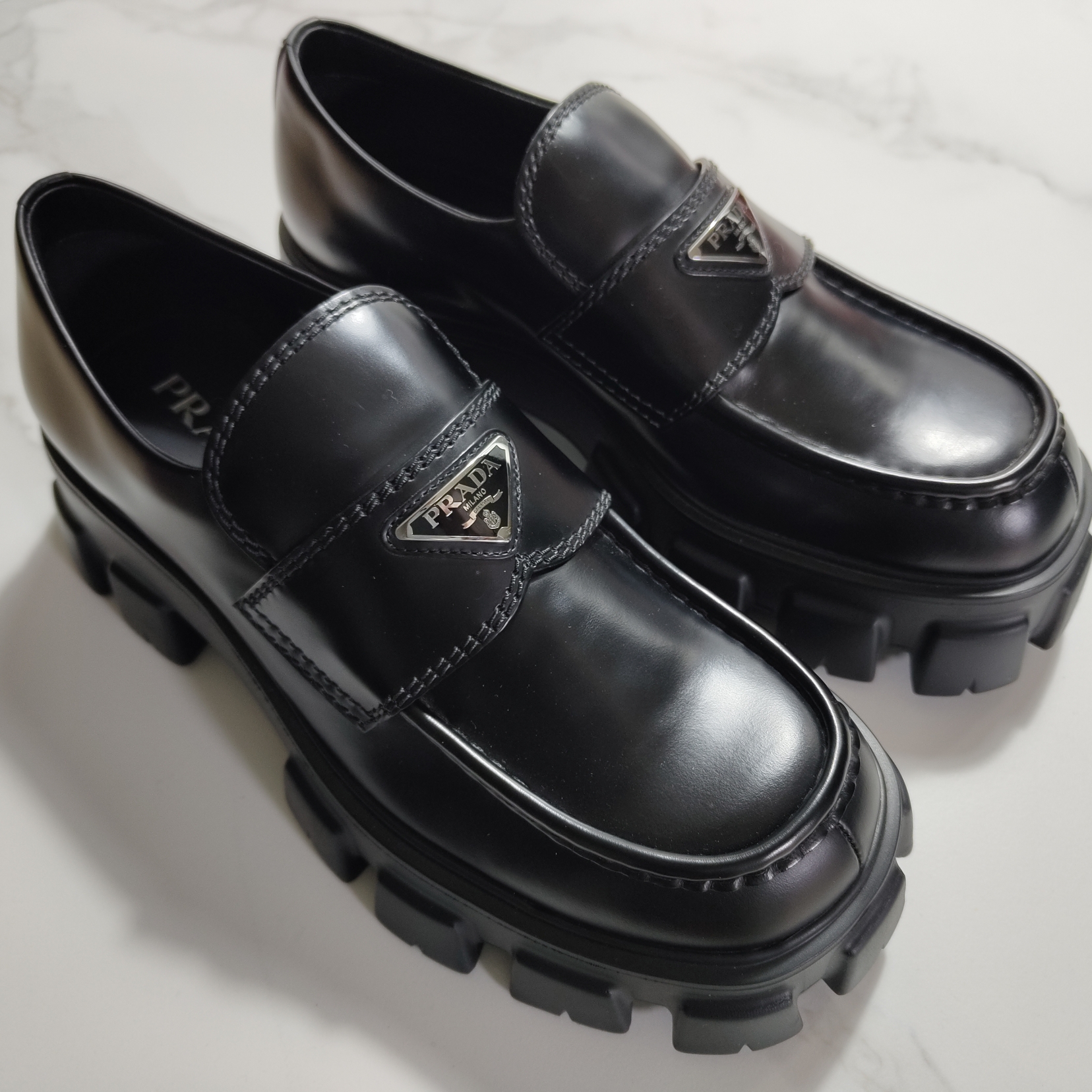 Prada Monolith Brushed Leather Loafers Black 착용 스타일