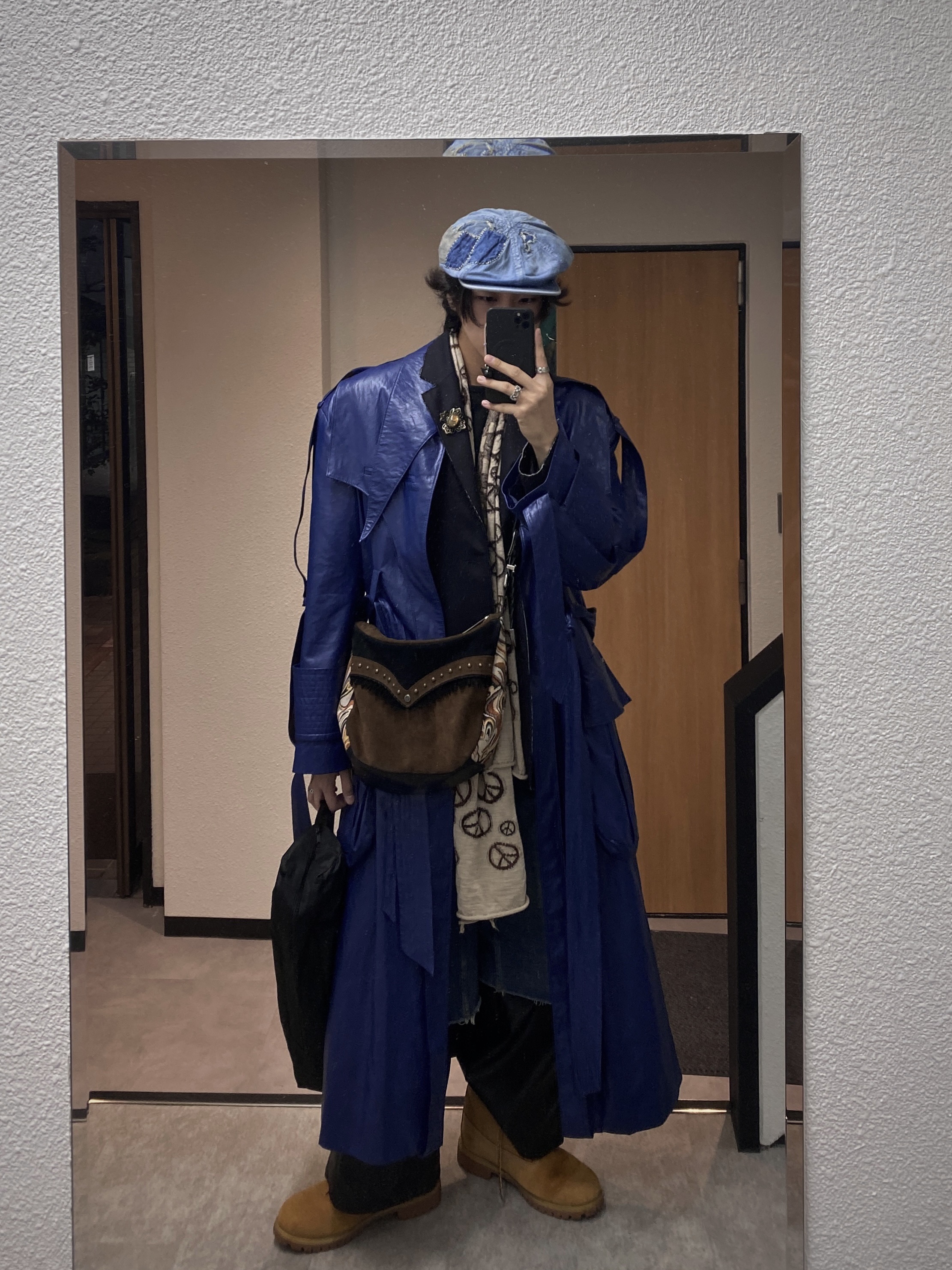 Kapital 12.5 oz. Denim Bird Hat Indigo, Kapital Full Length Wool Peace Mark Happy Muffler Beige 착용 스타일 - 1