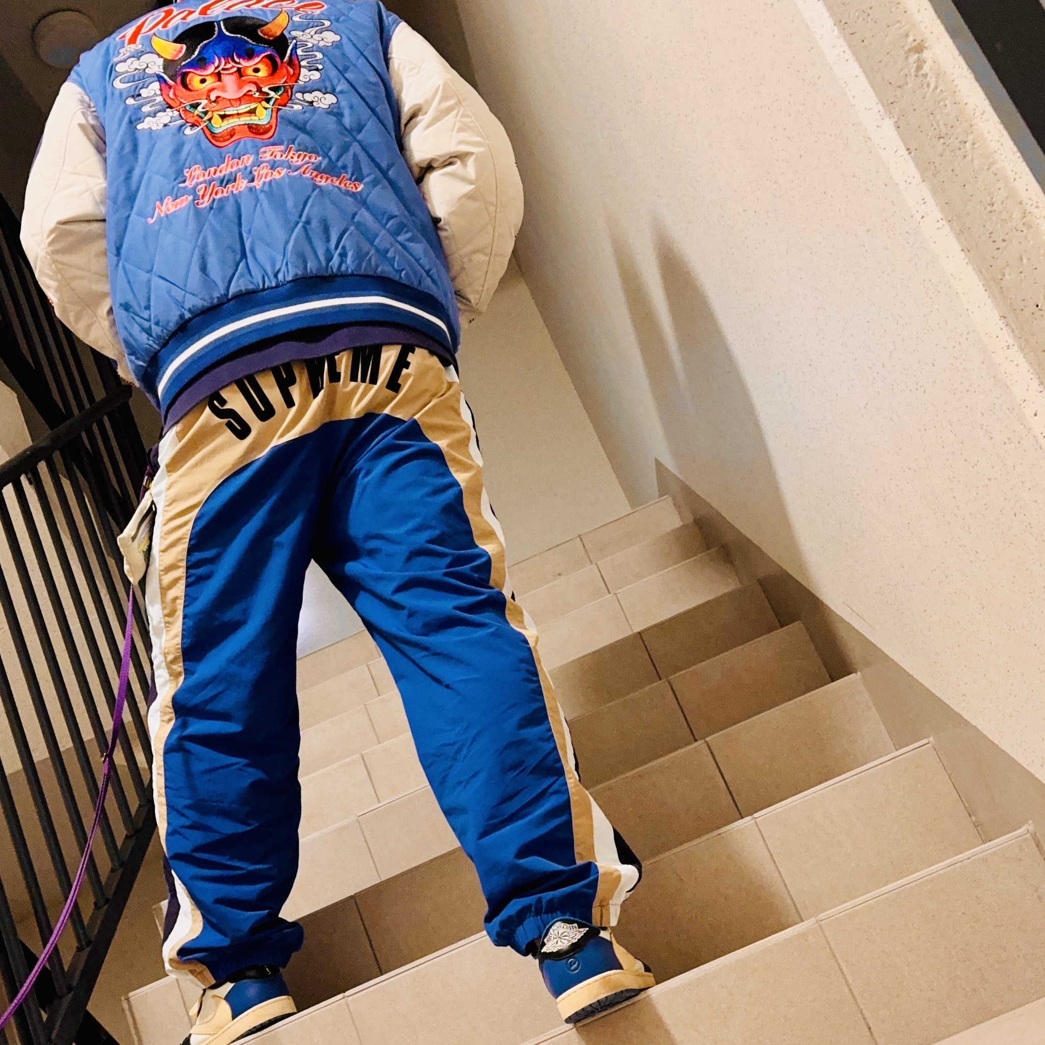 Palace Festival Bomber Jacket Ultra - 23FW, Supreme x Umbro Track Pants Blue - 23SS 착용 스타일