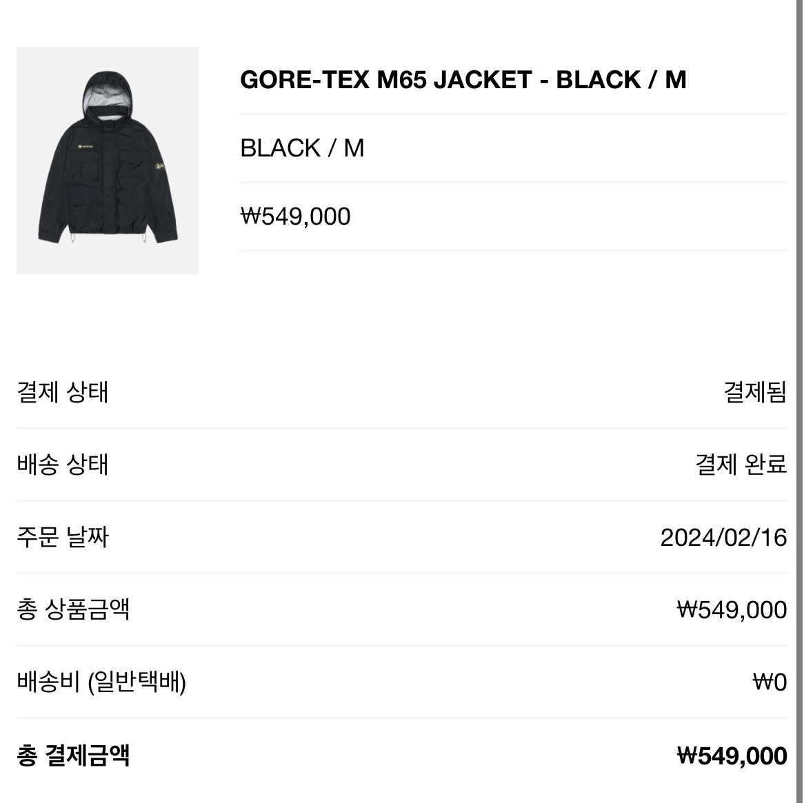 Stussy Gore-Tex M65 Jacket Black 착용 스타일