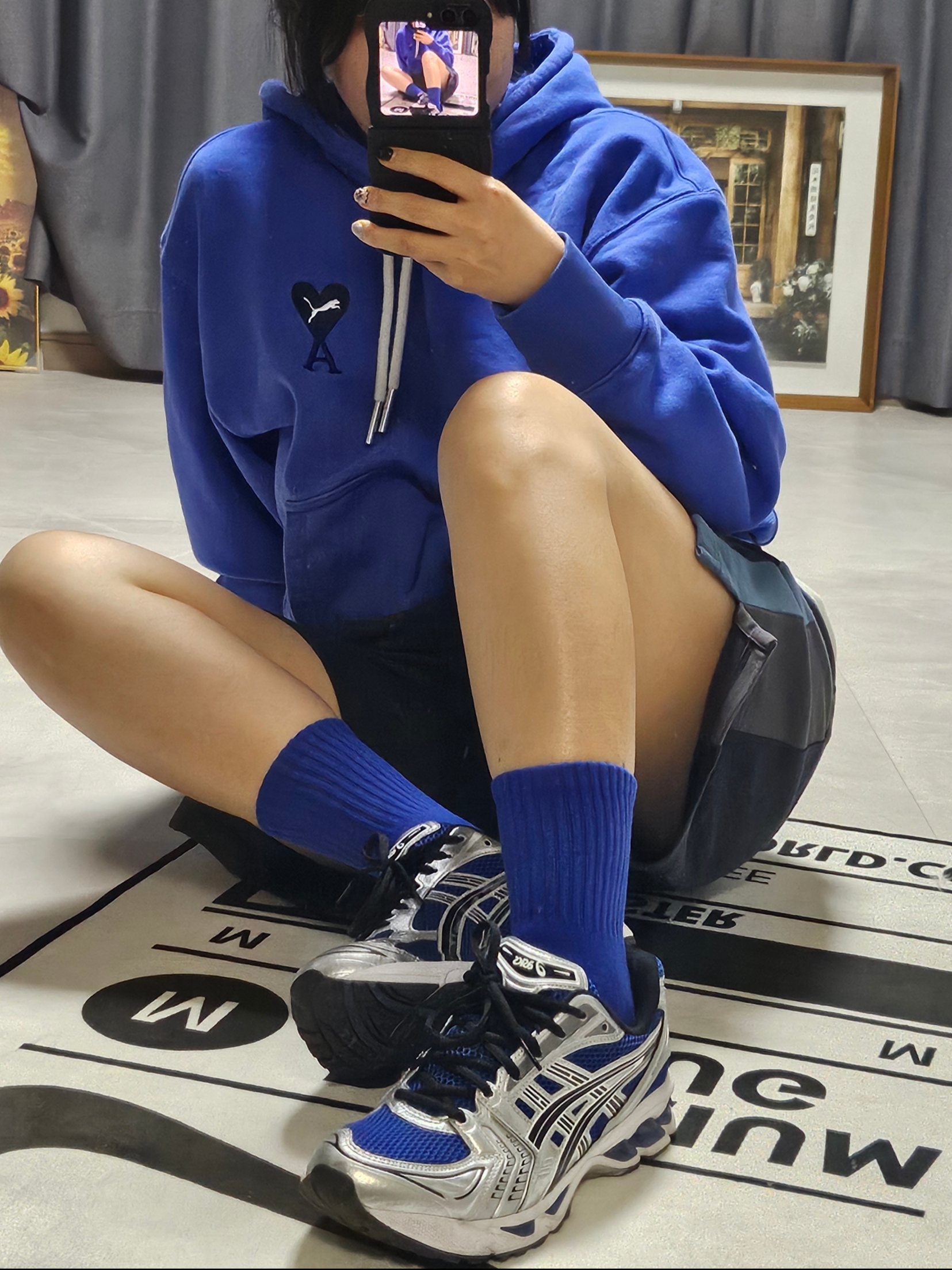 Asics Gel-Kayano 14 Monaco Blue Black, Puma x AMI Hoodie Dazzling Blue 착용 스타일