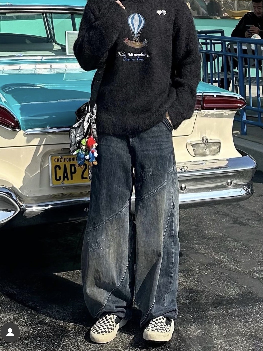 STU Ad Balloon Mohiar Knit Black, Vans Slip-On Checkerboard 착용 스타일