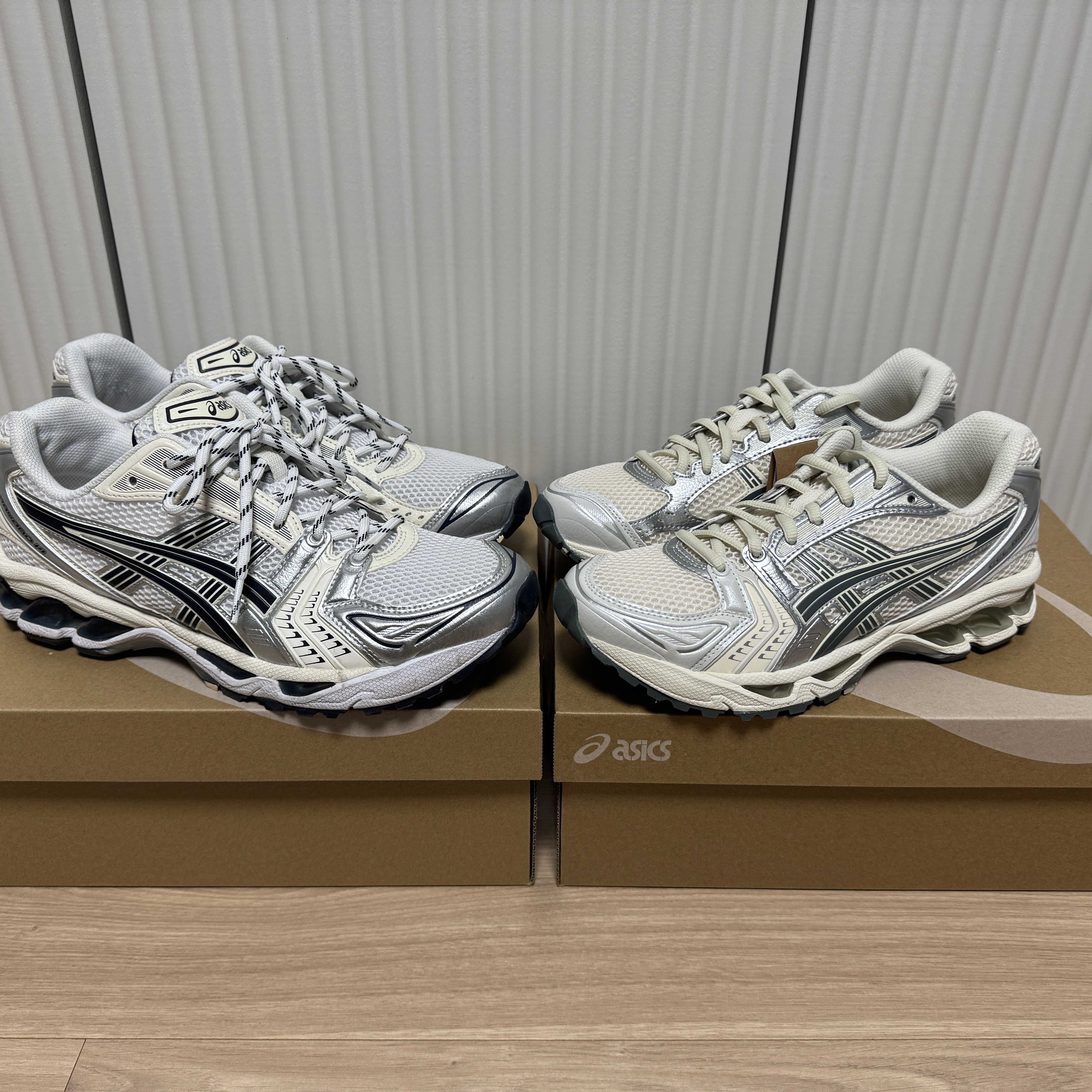 (W) Asics Gel-Kayano 14 White Midnight, Asics Gel-Kayano 14 Birch Dark Pewter 착용 스타일