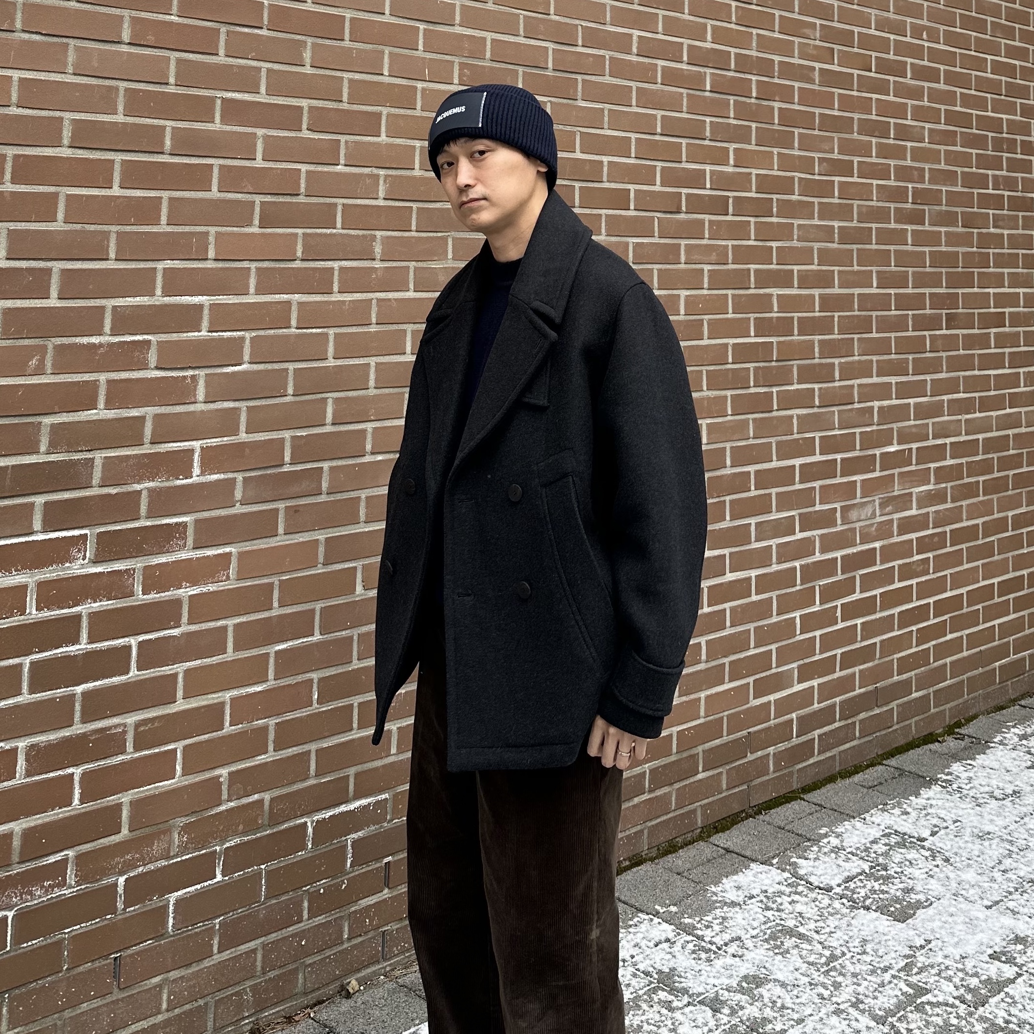 Zara x Studio Nicholson Leather Patch Pea coat Navy Blue, Maison Margiela Tabi Lace-Up Shoes Black 착용 스타일 - 3
