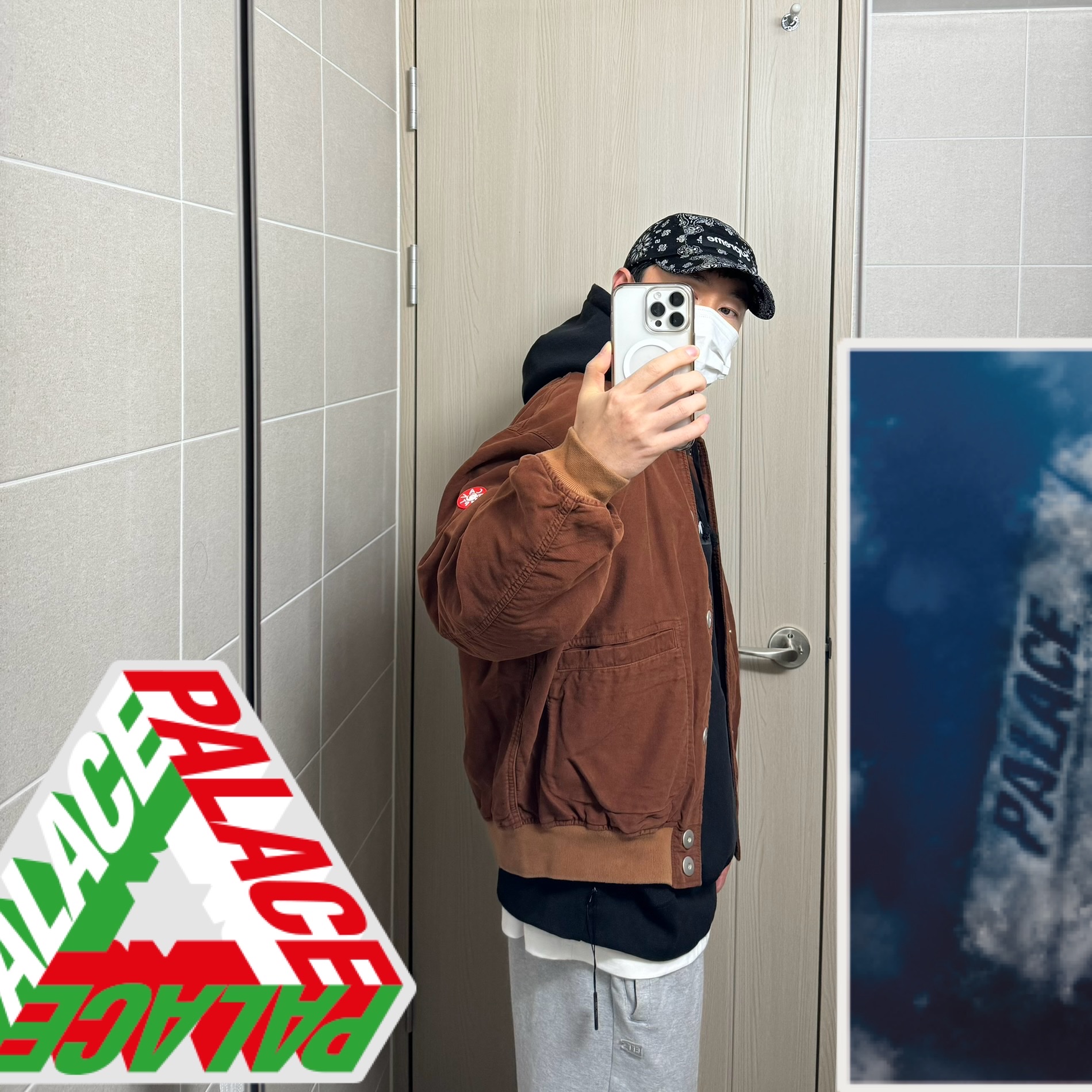 Cav Empt Cotton Snap Jacket Brown - 23FW, Supreme Bandana Camp Cap Black - 21SS 착용 스타일