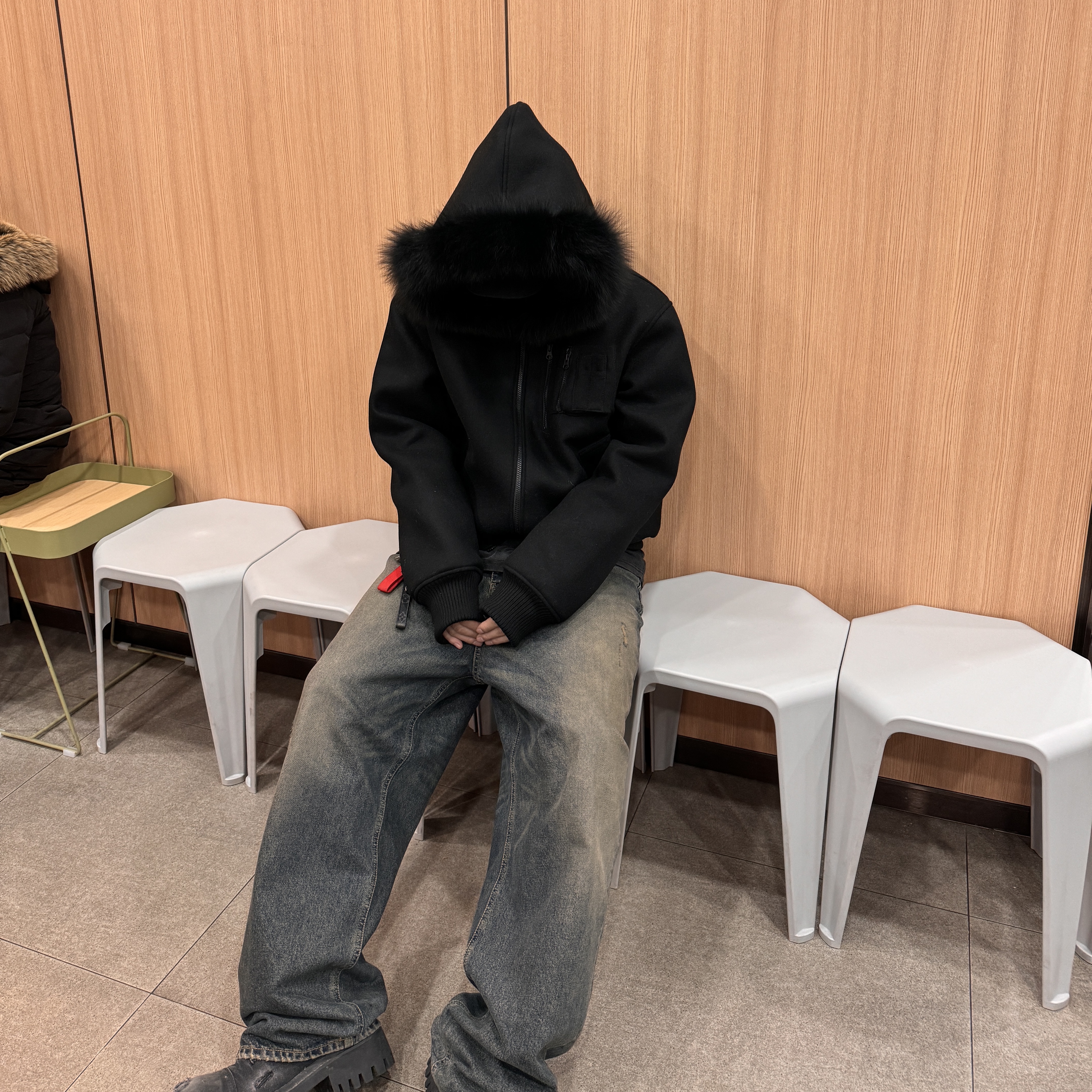 Undermycar Comoro Fox Trimming Hoody Bomber Bristol Black - 23FW, Undermycar Iek Hand Brush Washed Wide Jeans Corrosion Blue - 23FW 착용 스타일