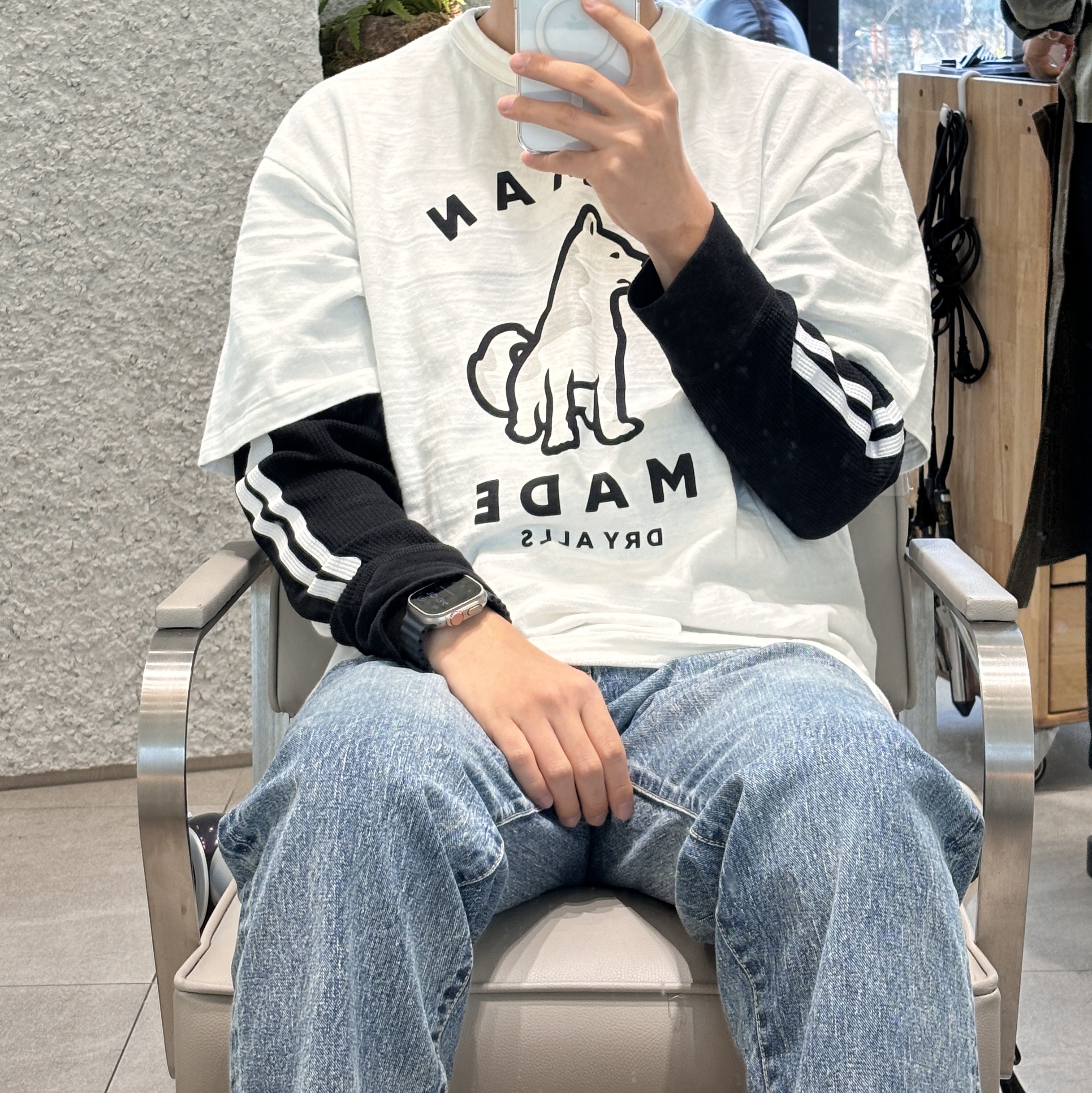 Human Made Worksout 20th Anniversary Jindo Dog Graphic T-Shirt White, Human Made Storm Cowboy Straight Denim Pants Type 1949 Indigo 착용 스타일