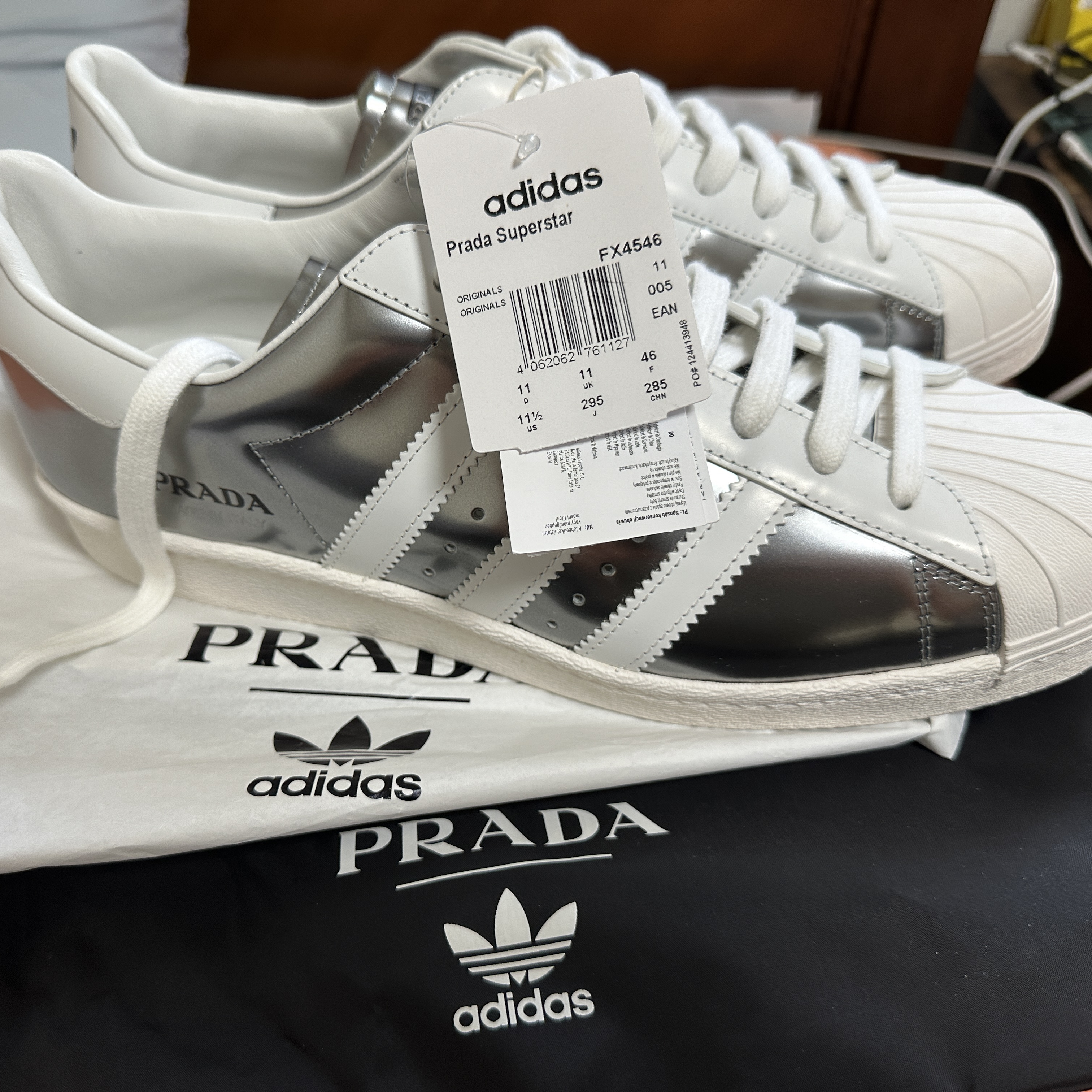 Adidas x Prada Superstar Metallic Silver 착용 스타일