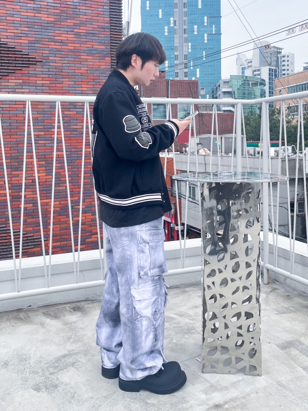 Balenciaga Steroid Derby Black, Stussy x CDG Varsity Jacket 착용 스타일 - 2