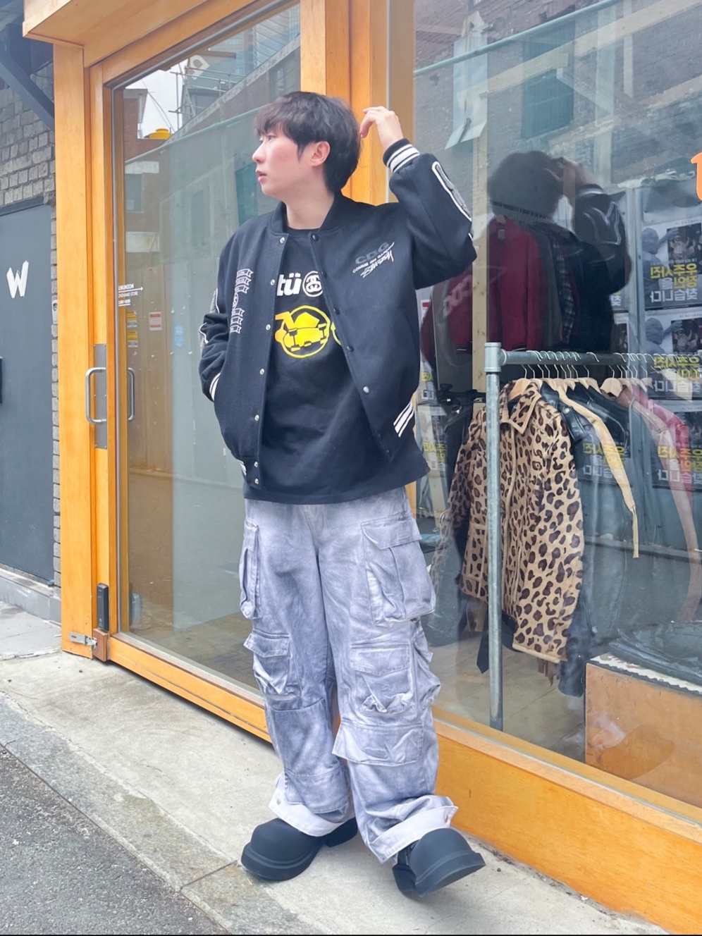 Balenciaga Steroid Derby Black, Stussy x CDG Varsity Jacket 착용 스타일 - 4