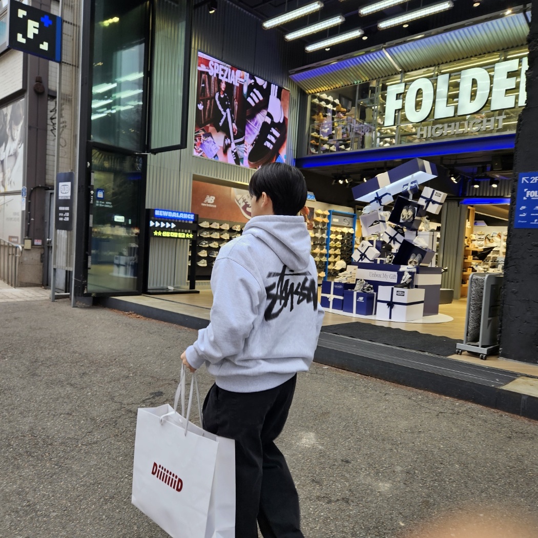 Stussy Dizzy Stock Hoodie Ash Heather 착용 스타일