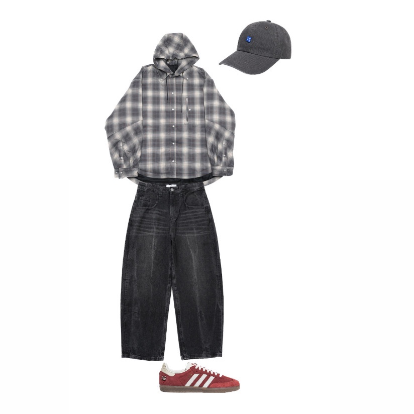 [KREAM 단독] Haleine 2Way Hooded Shirts Down Jacket Grey Check, Ader Error Sig; TRS Tag Cap 01 Charcoal 착용 스타일