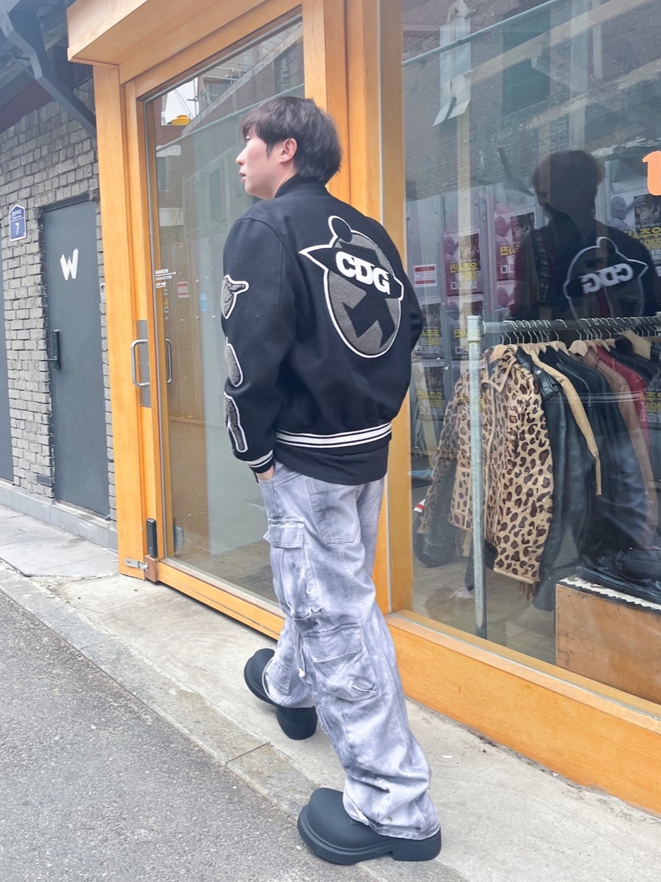 Balenciaga Steroid Derby Black, Stussy x CDG Varsity Jacket 착용 스타일 - 3