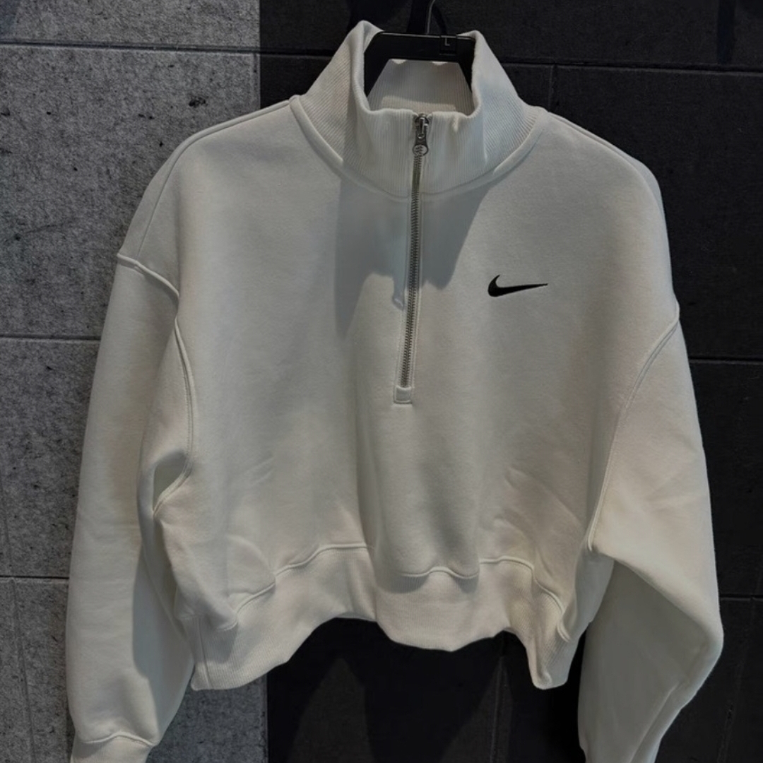 (W) Nike NSW Phoenix Fleece Half Zip Cropped Sweatshirt Sail - Asia 착용 스타일 - 1