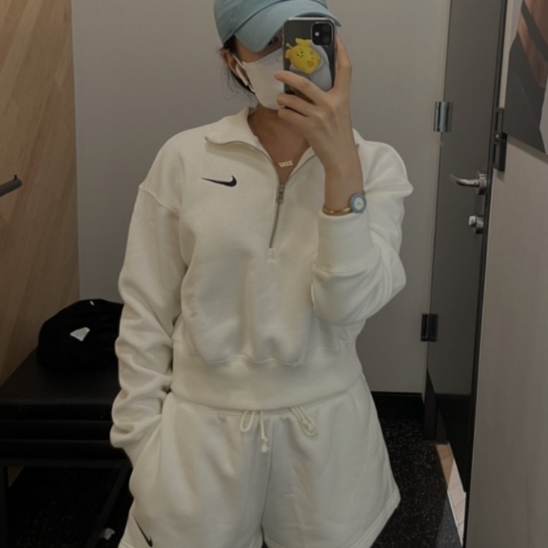 (W) Nike NSW Phoenix Fleece Half Zip Cropped Sweatshirt Sail - Asia 착용 스타일 - 5