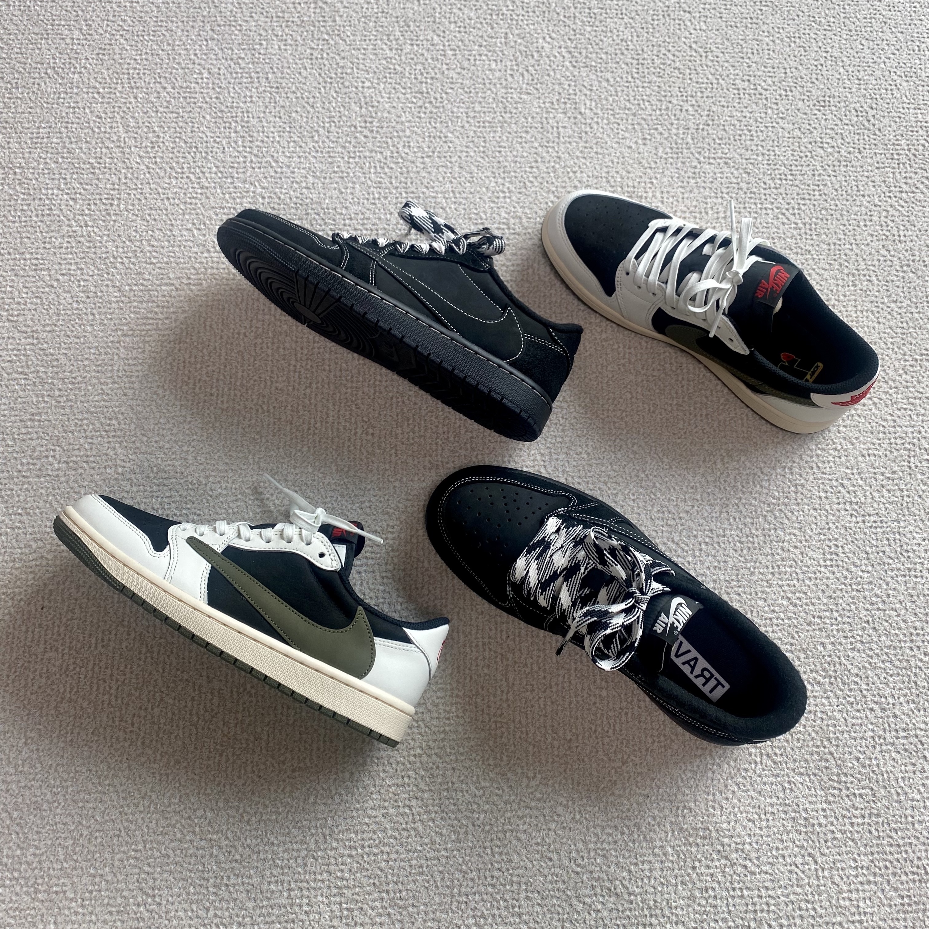 Jordan 1 x Travis Scott Retro Low OG SP Black Phantom, (W) Jordan 1 x Travis Scott Retro Low OG SP Medium Olive 착용 스타일