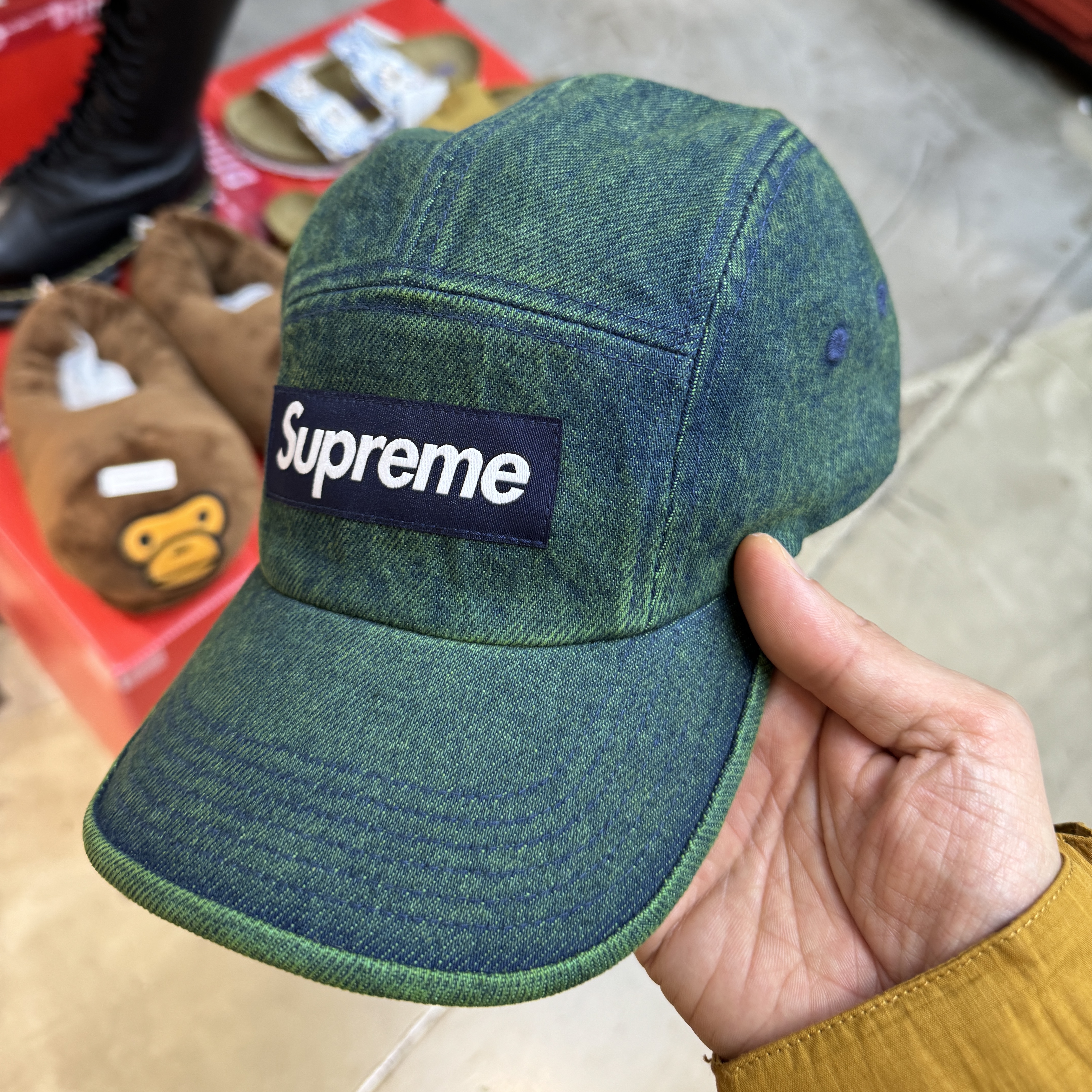 Supreme Denim Camp Cap Overdyed Green - 23SS 착용 스타일