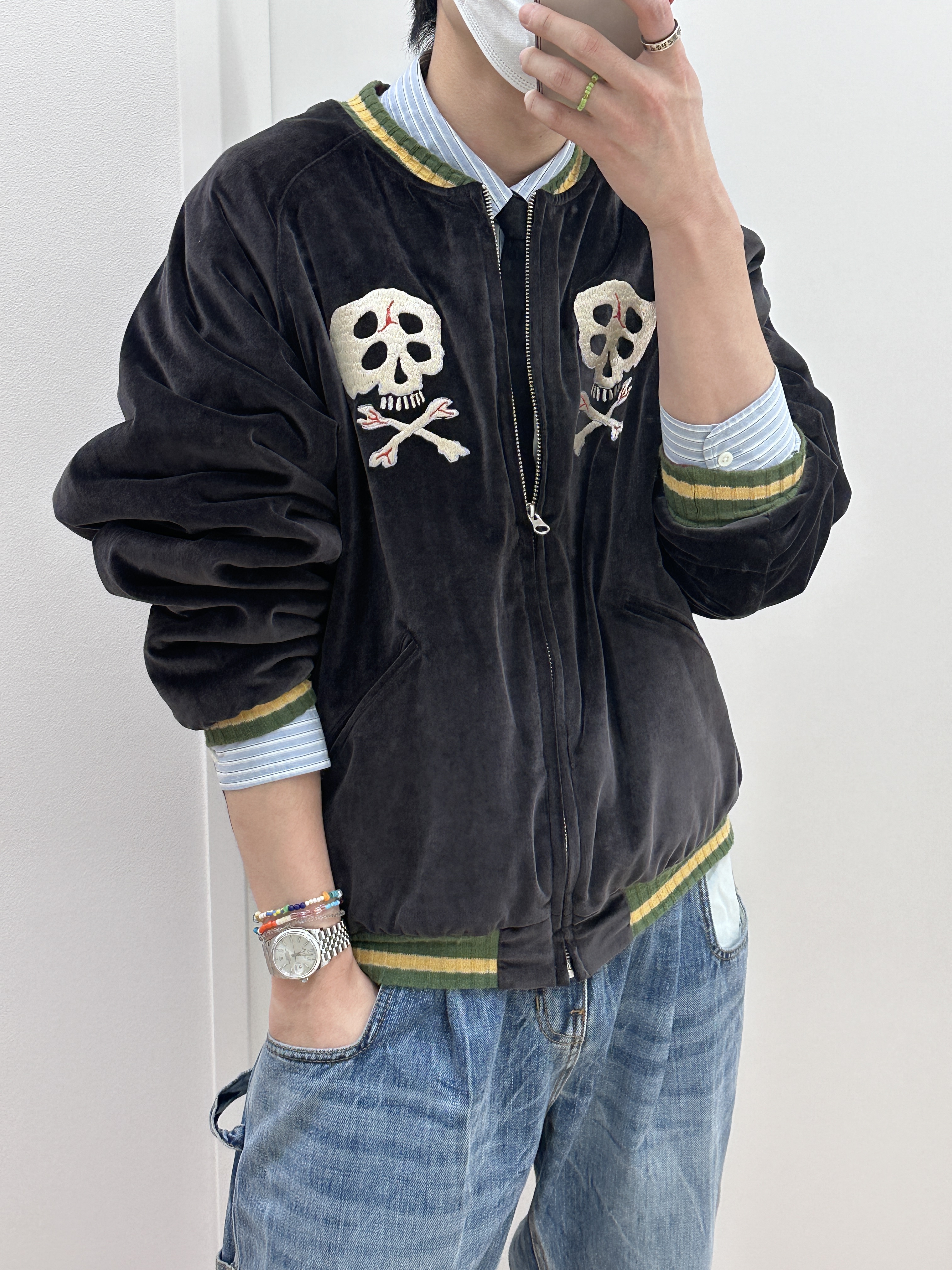 Kapital Velveteen Sulfide Souvenir Rain Skull Jacket Black 착용 스타일 - 2