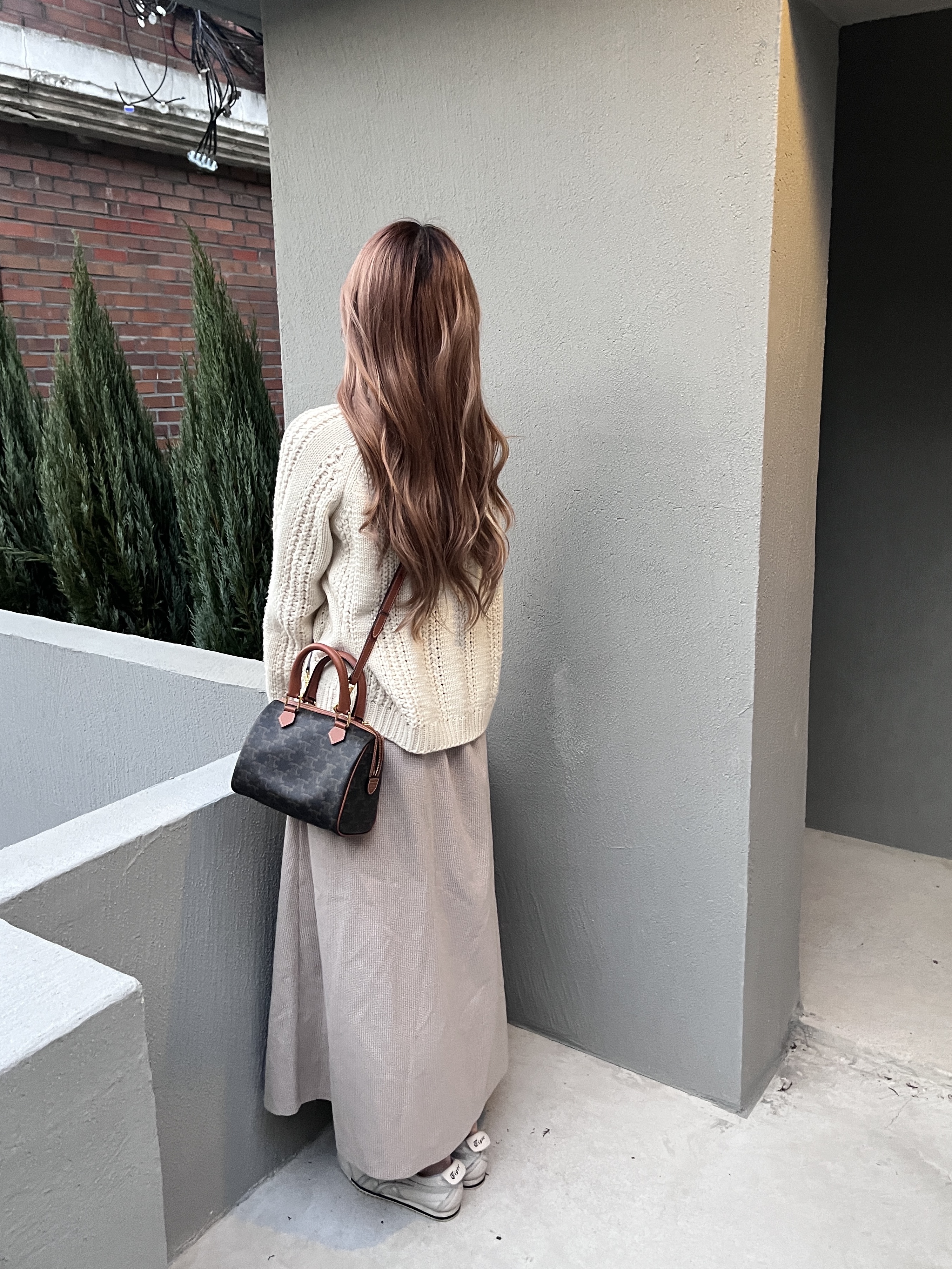 Celine Small Boston Bag in Triomphe Canvas and Calfskin Tan 착용 스타일 - 2