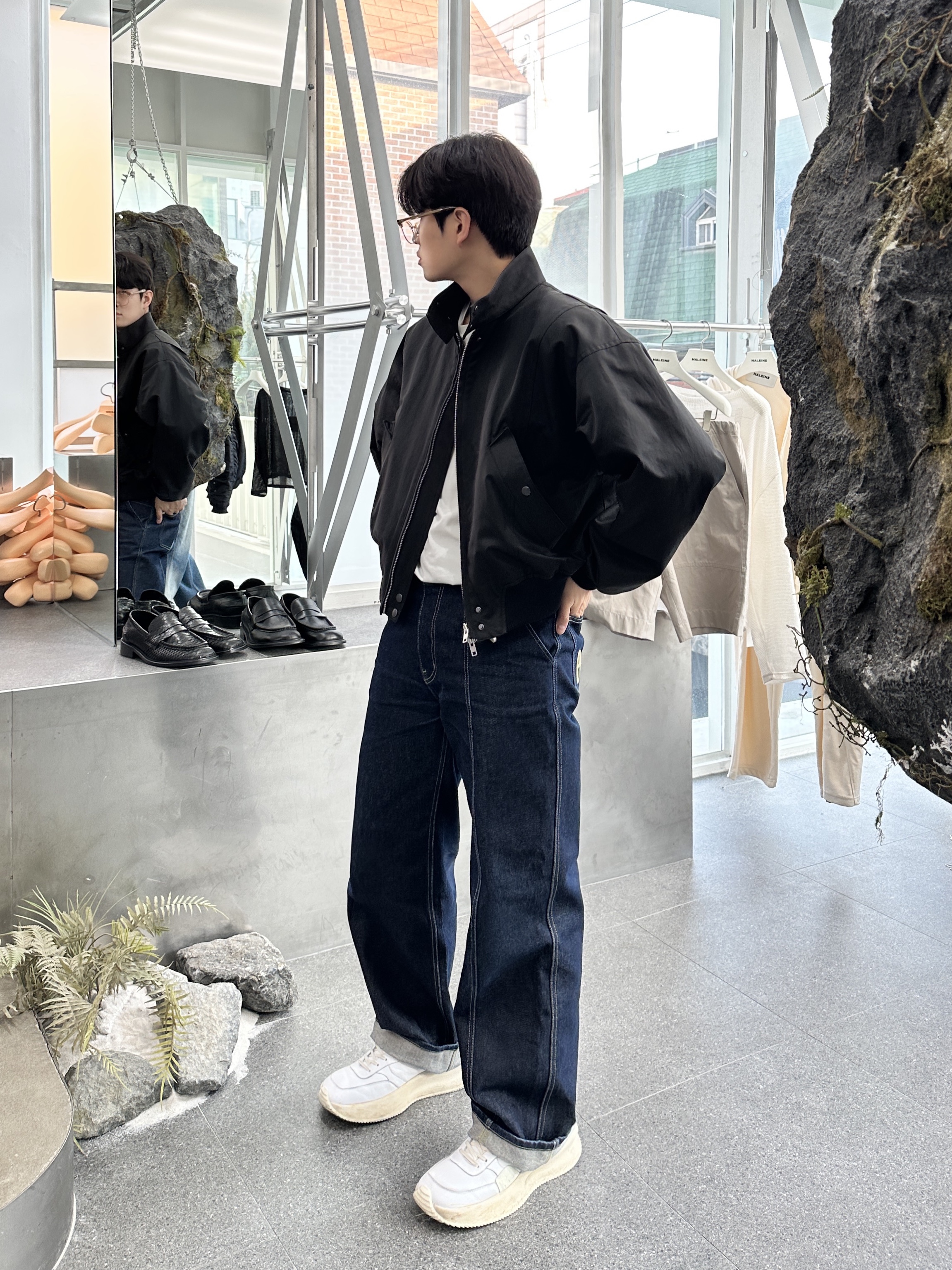 Haleine Biker Wool Blouson Black 착용 스타일 - 1
