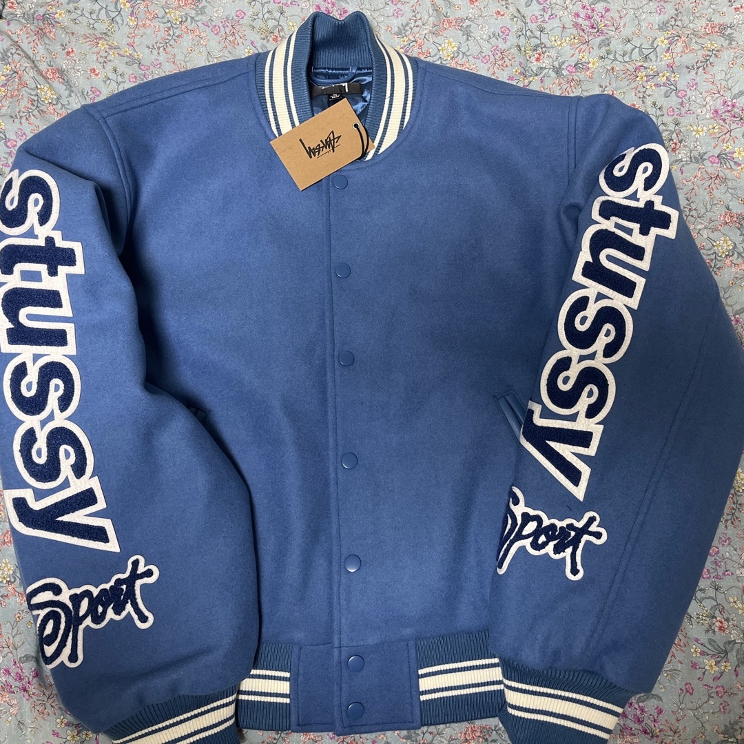 Stussy Competition Varsity Jacket Blue 착용 스타일 - 1