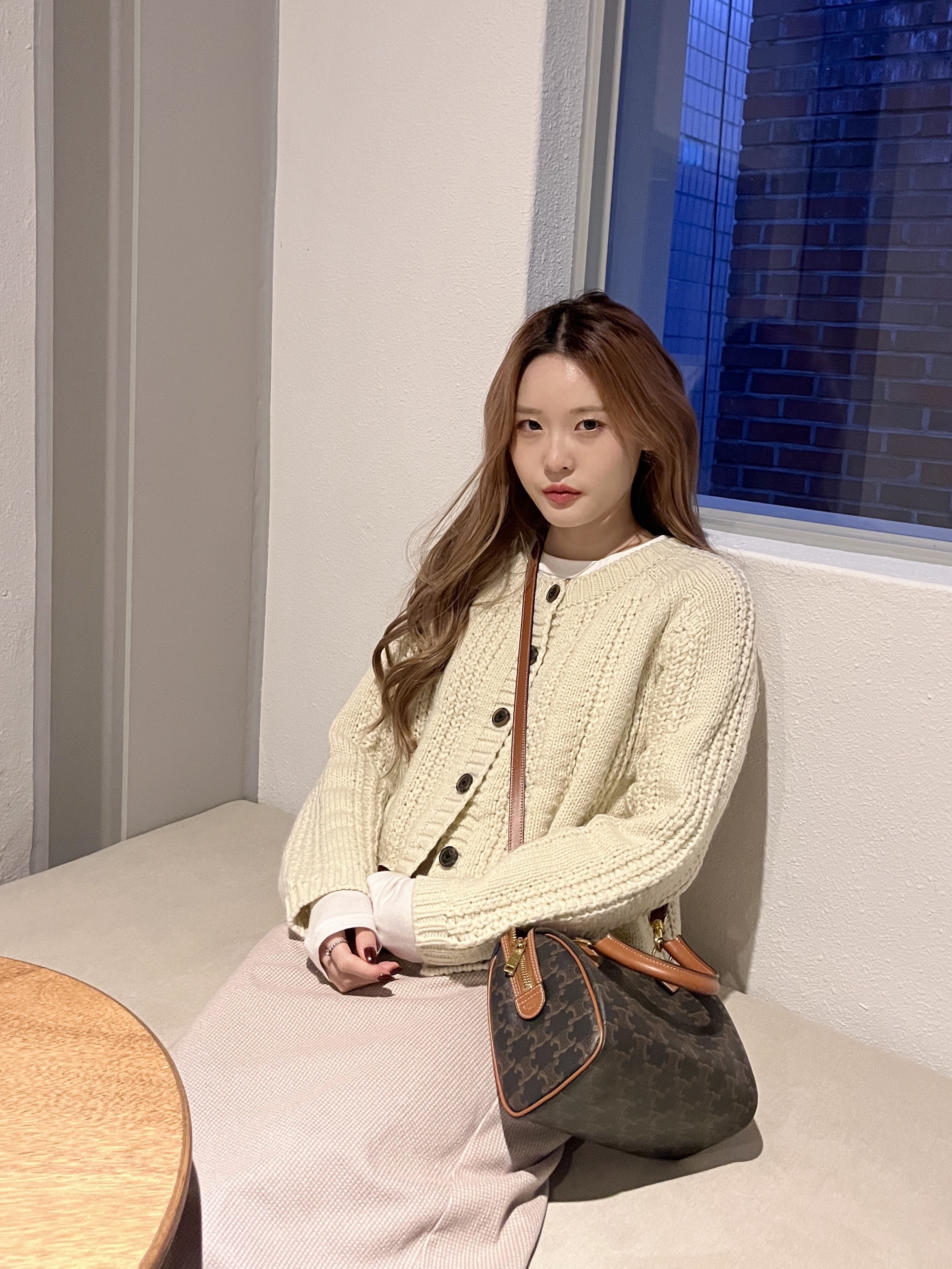 Celine Small Boston Bag in Triomphe Canvas and Calfskin Tan 착용 스타일 - 3