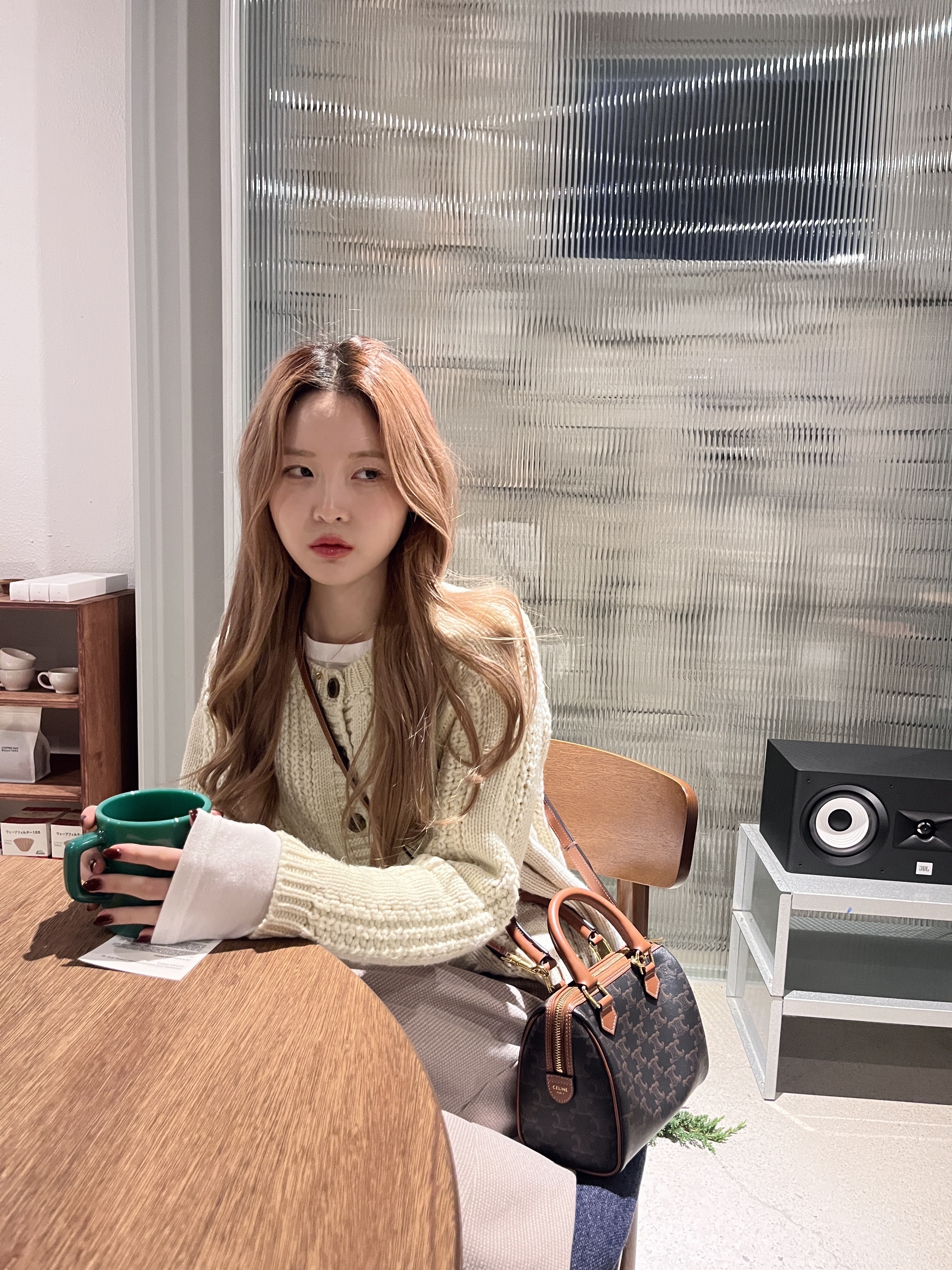 Celine Small Boston Bag in Triomphe Canvas and Calfskin Tan 착용 스타일 - 1