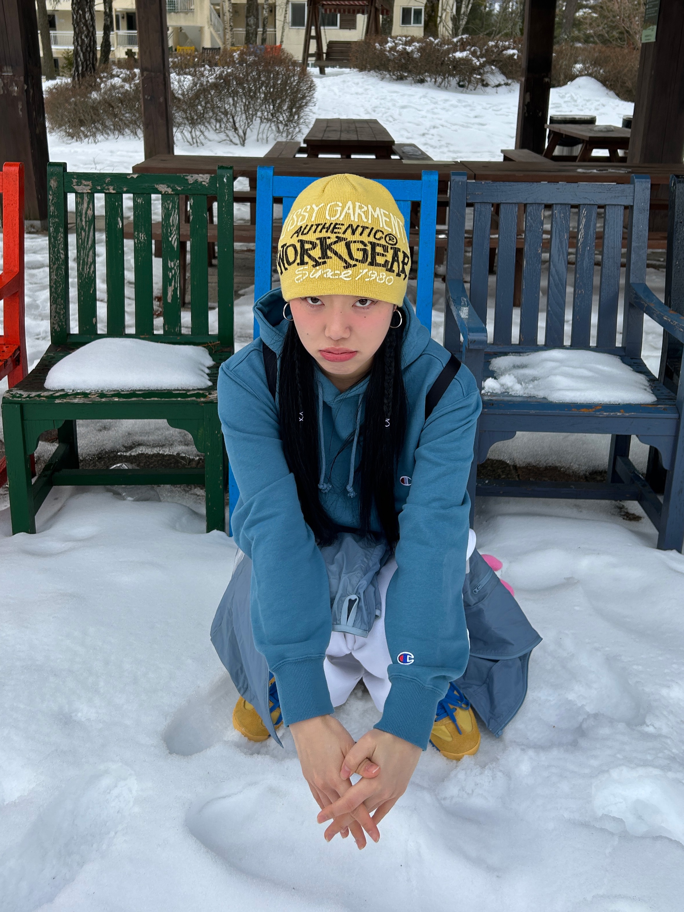 Stussy Workgear Print Skullcap Beanie Bone, Adidas SL 72 RS Utility Yellow Bright Royal 착용 스타일 - 1