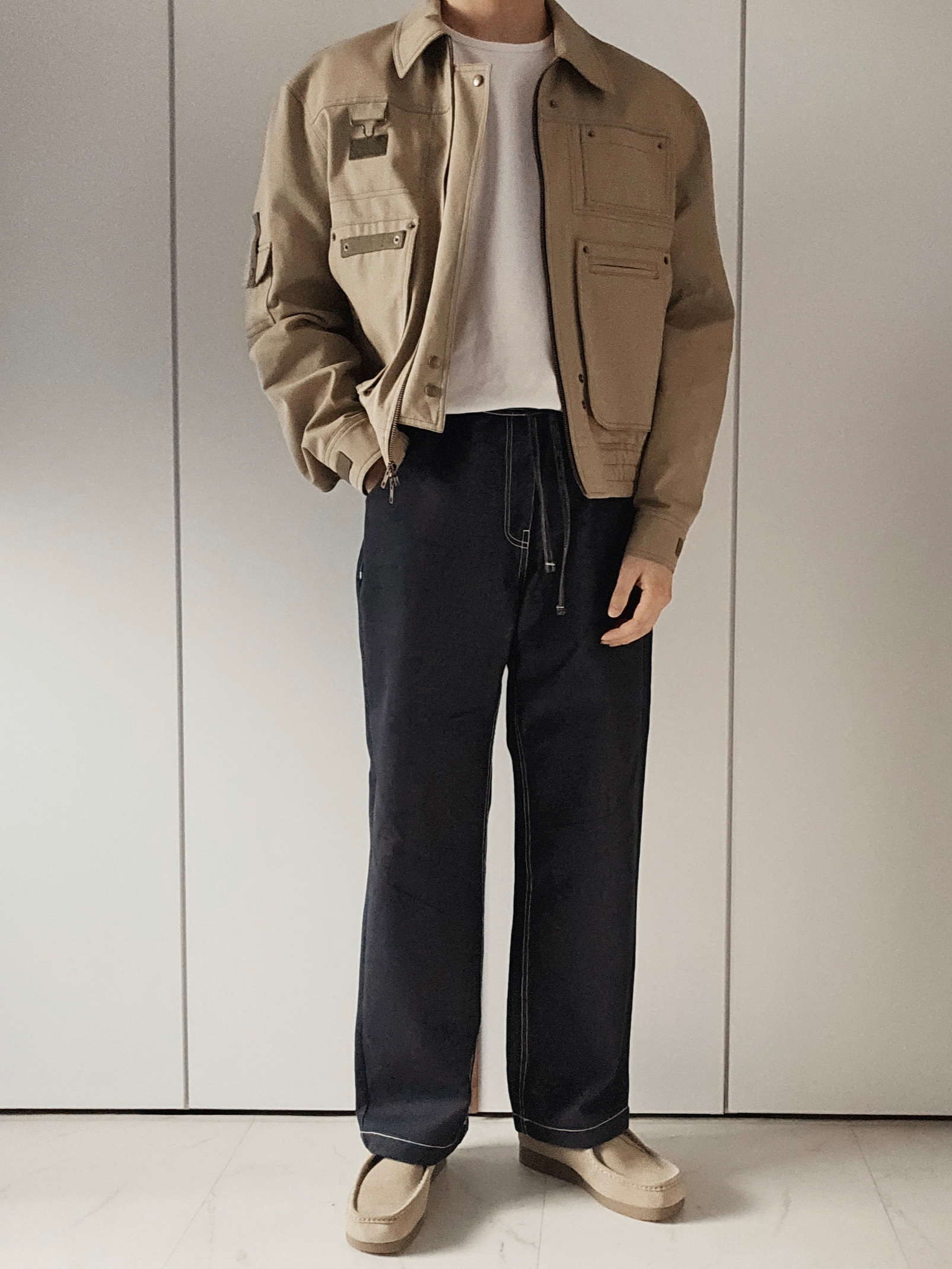 GU Real Leather Moccasin Shoes Beige 착용 스타일