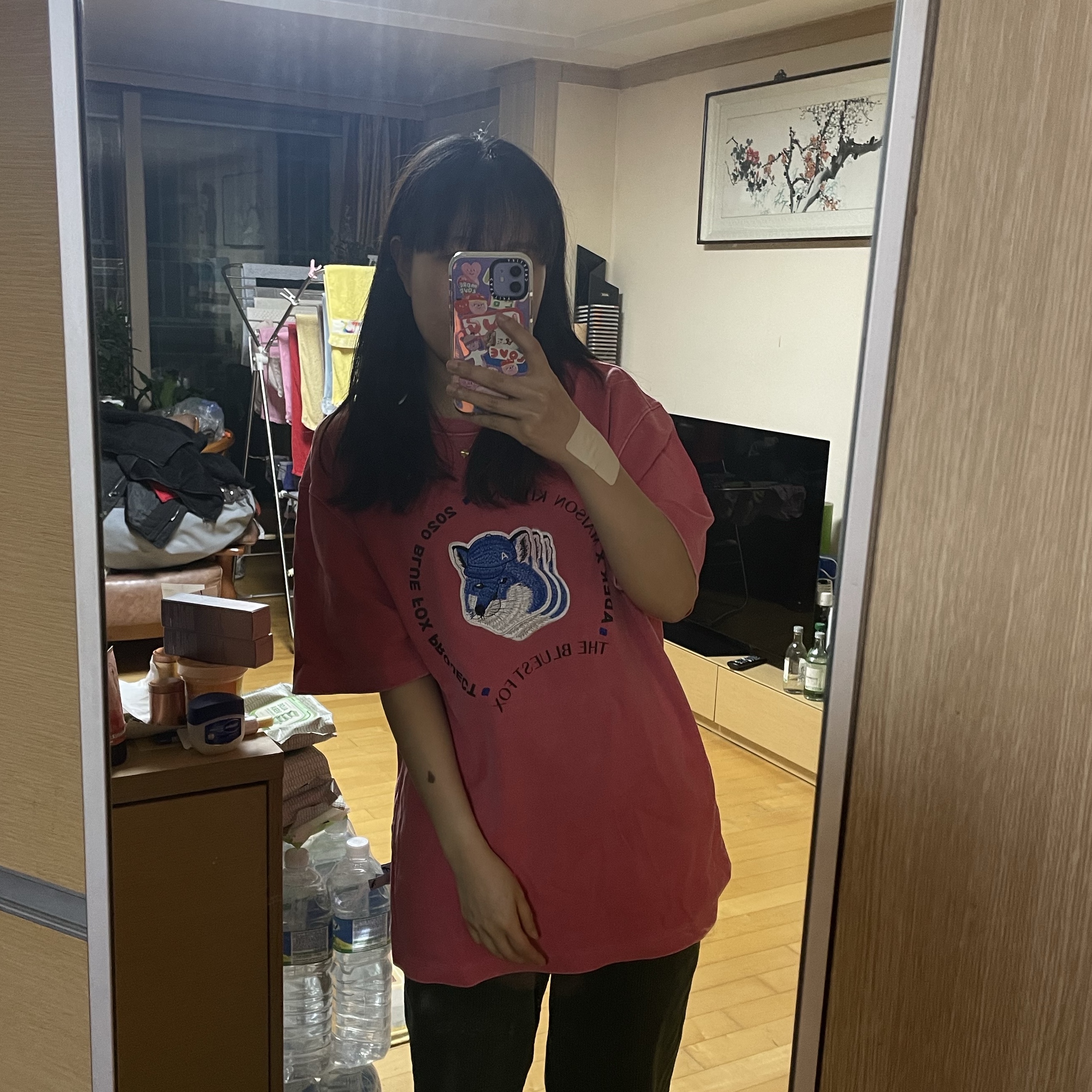 Maison Kitsune x Ader Error Triple Fox Head Logo T-Shirt Pink 착용 스타일