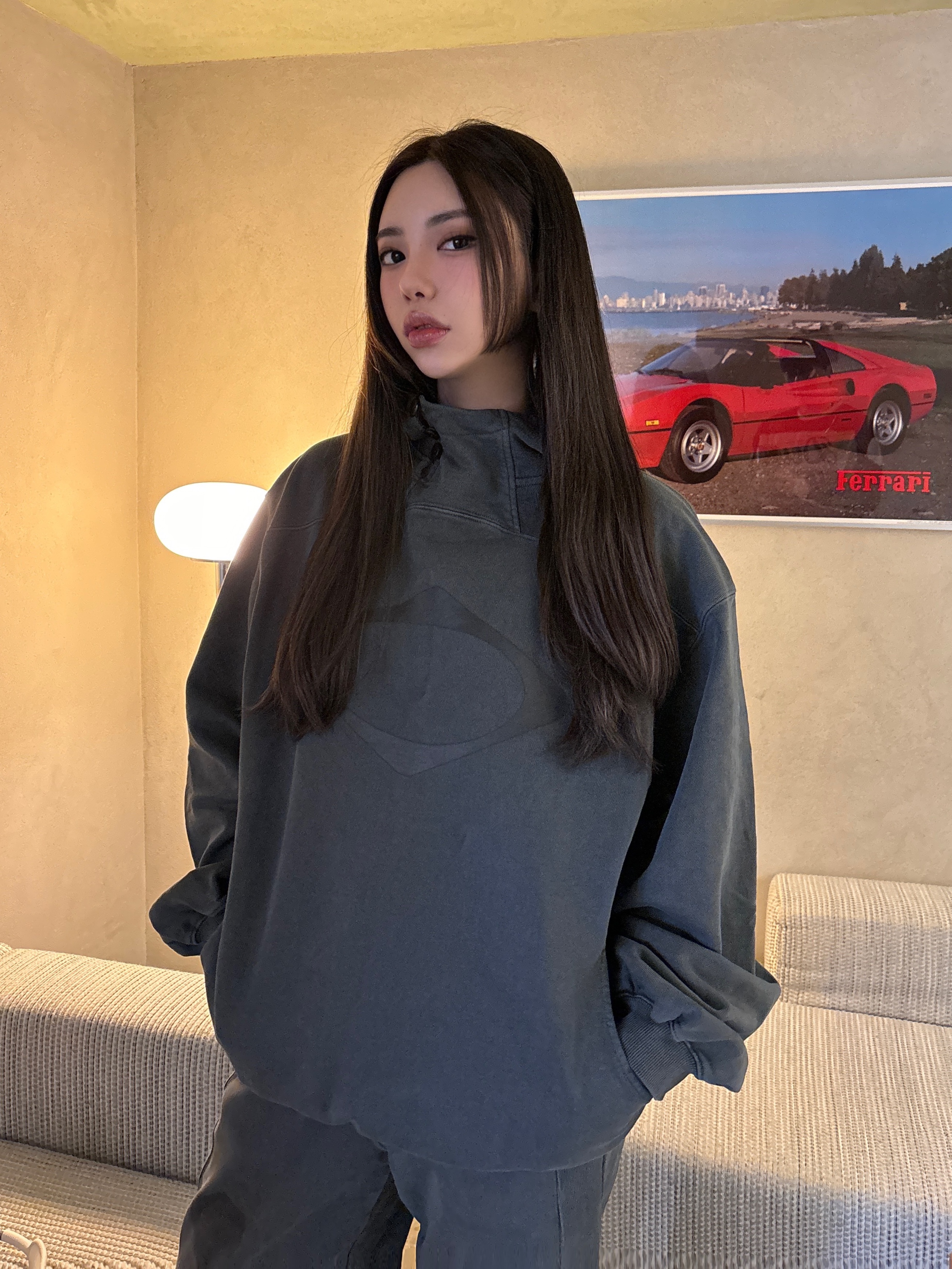 (W) Mischief Rhombus Side Button Up Hoodie Washed Charcoal, (W) Mischief Rhombus Pigment Sweatpants Washed Charcoal 착용 스타일
