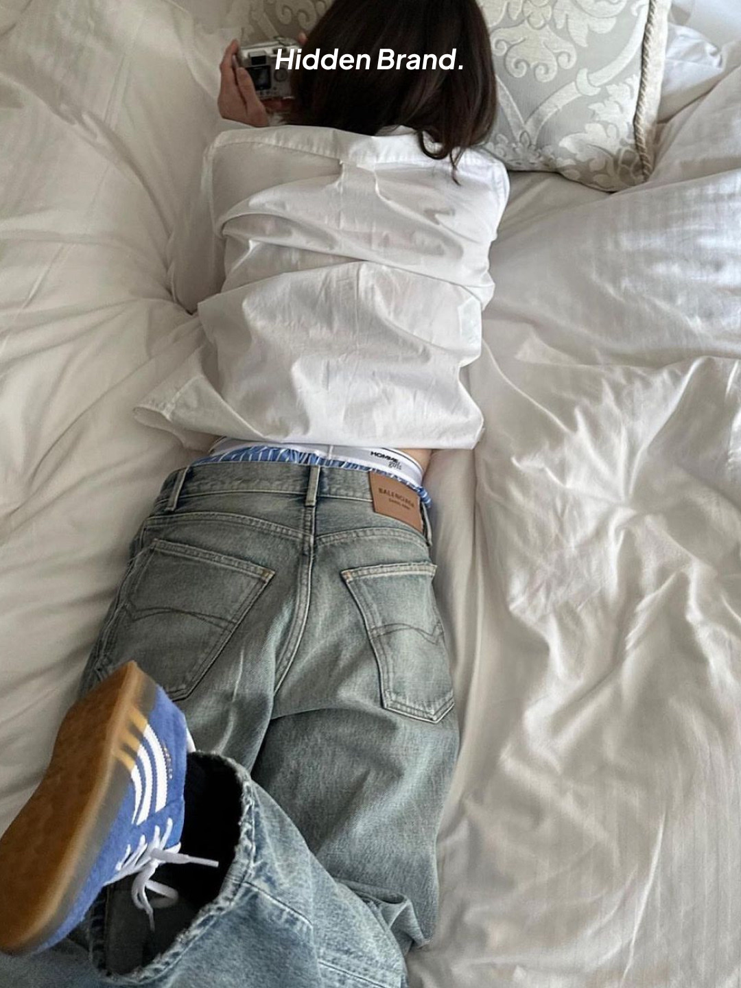 (W) Homme Girls Boxer Shorts Ticking Stripe, (W) Homme Girls Original Men’s Classic Stripe Cropped Shirt Blue White Stripe 착용 스타일 - 9