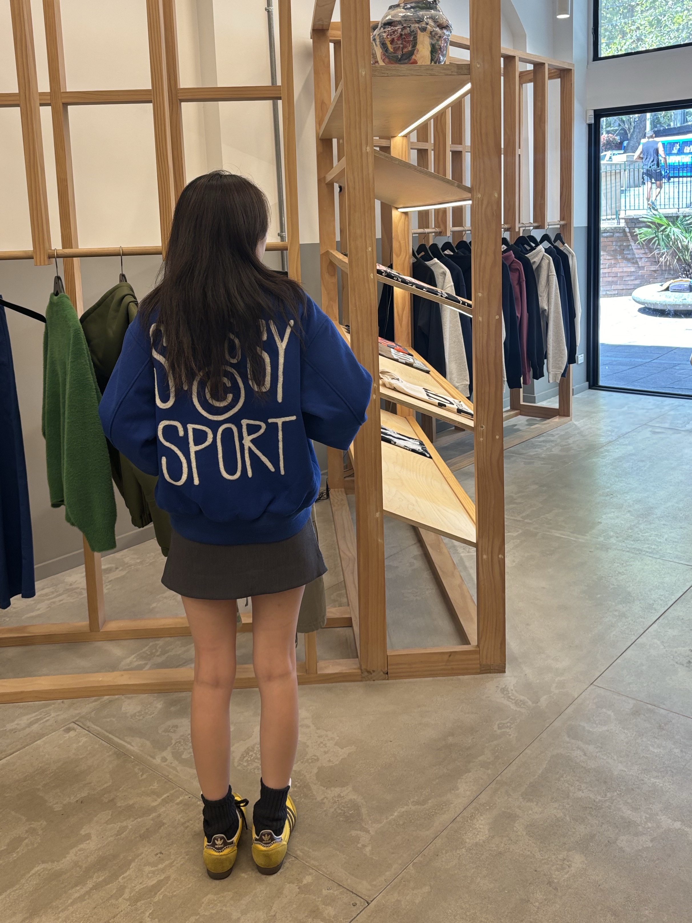 Stussy Sport Melton Varsity Jacket Royal, Adidas x Wales Bonner Japan Shoes Hazy Yellow Dark Brown 착용 스타일