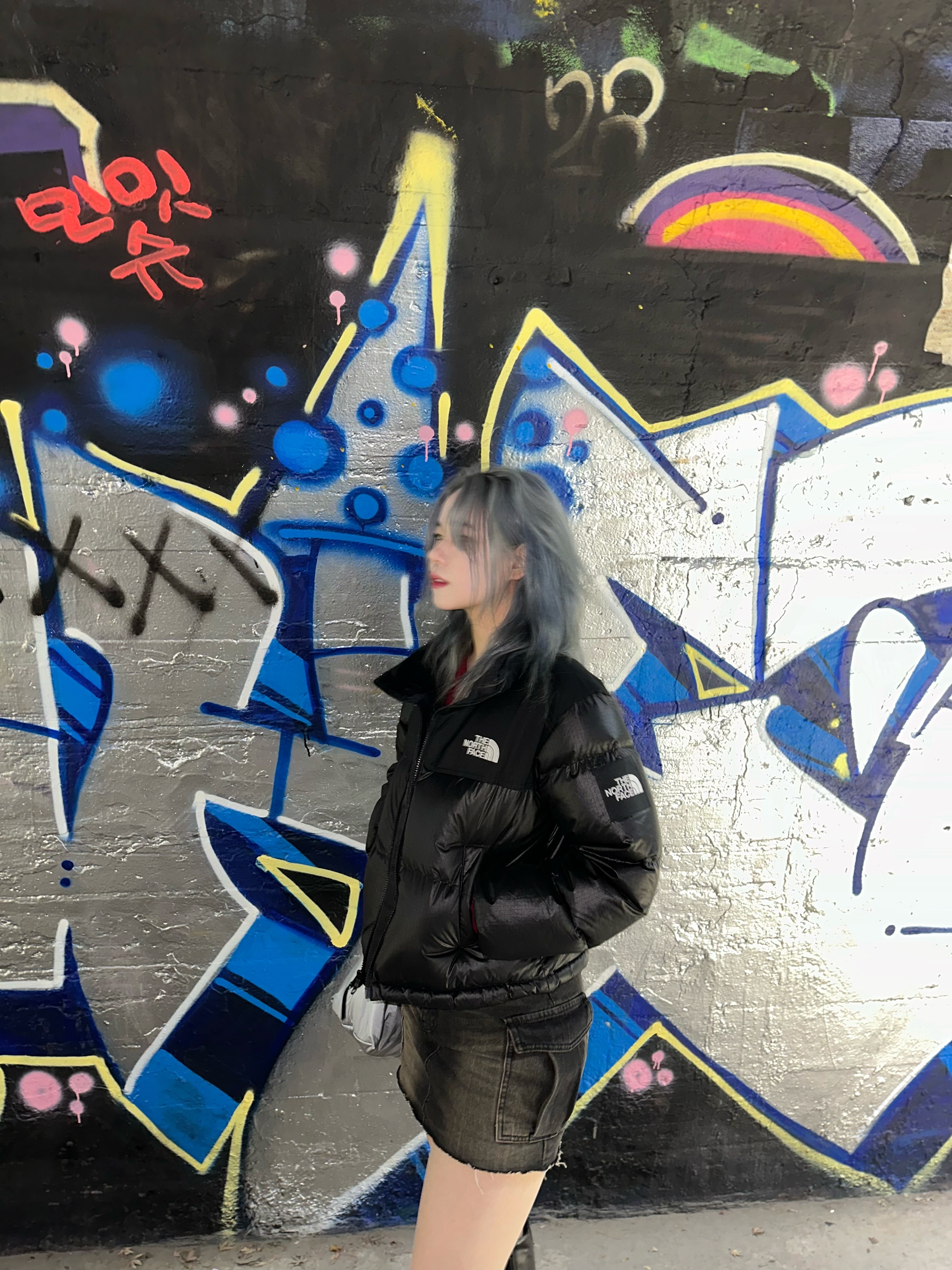 (W) The North Face White Label Novelty Nuptse Down Jacket Black 착용 스타일
