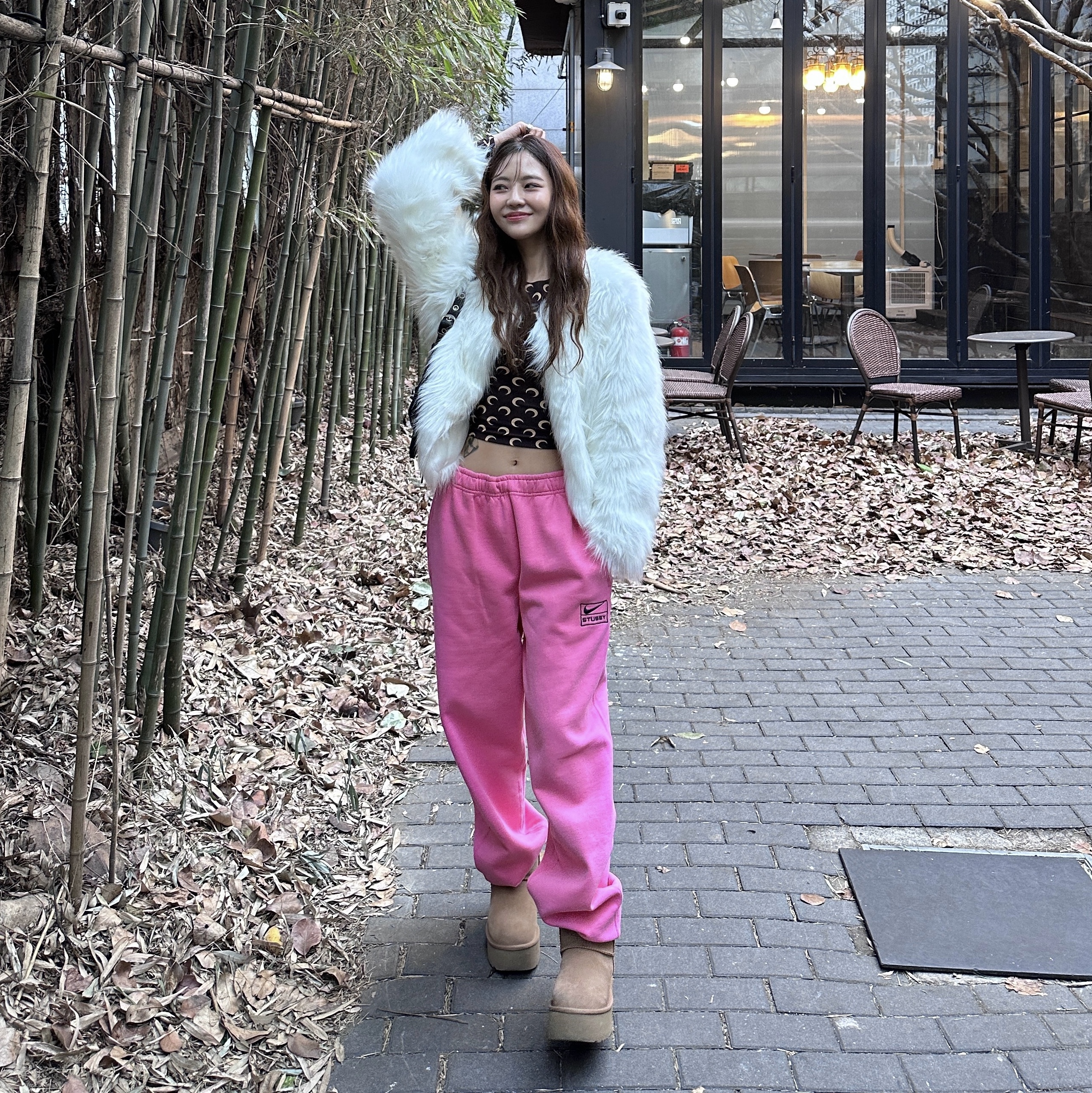 (W) Marine Serre Second Skin Top Brown Moon, Nike x Stussy NRG Washed Fleece Pants Lotus PInk (DO5297-670) 착용 스타일 - 3