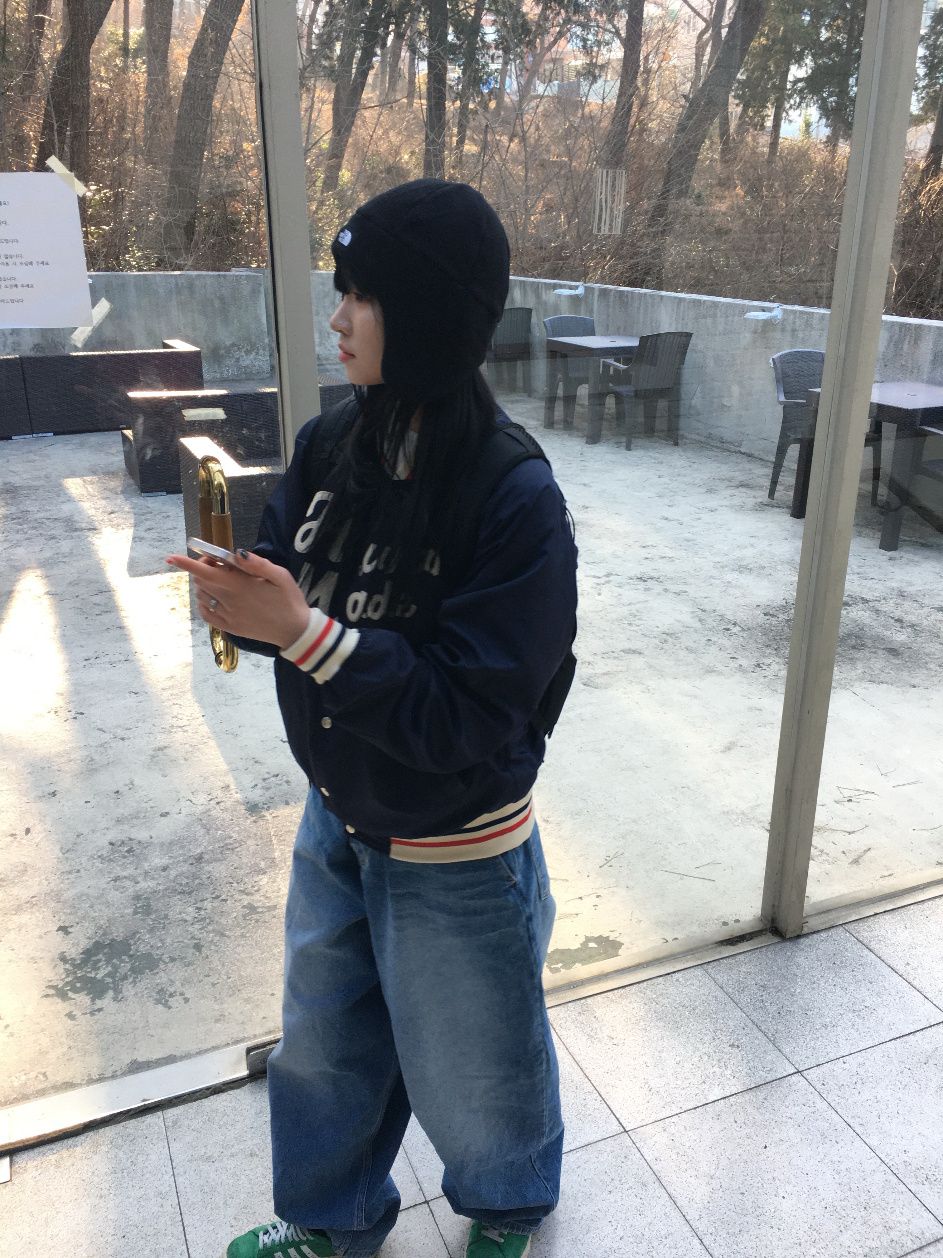 Human Made Nylon Stadium Jacket Navy, The North Face Fleece Earmuff Beanie Black 착용 스타일 - 1